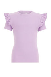 thumbnail: Lilakleurige meisjes WE Fashion T-shirt van stretchkatoen met effen, korte mouwen, ronde hals en ruches