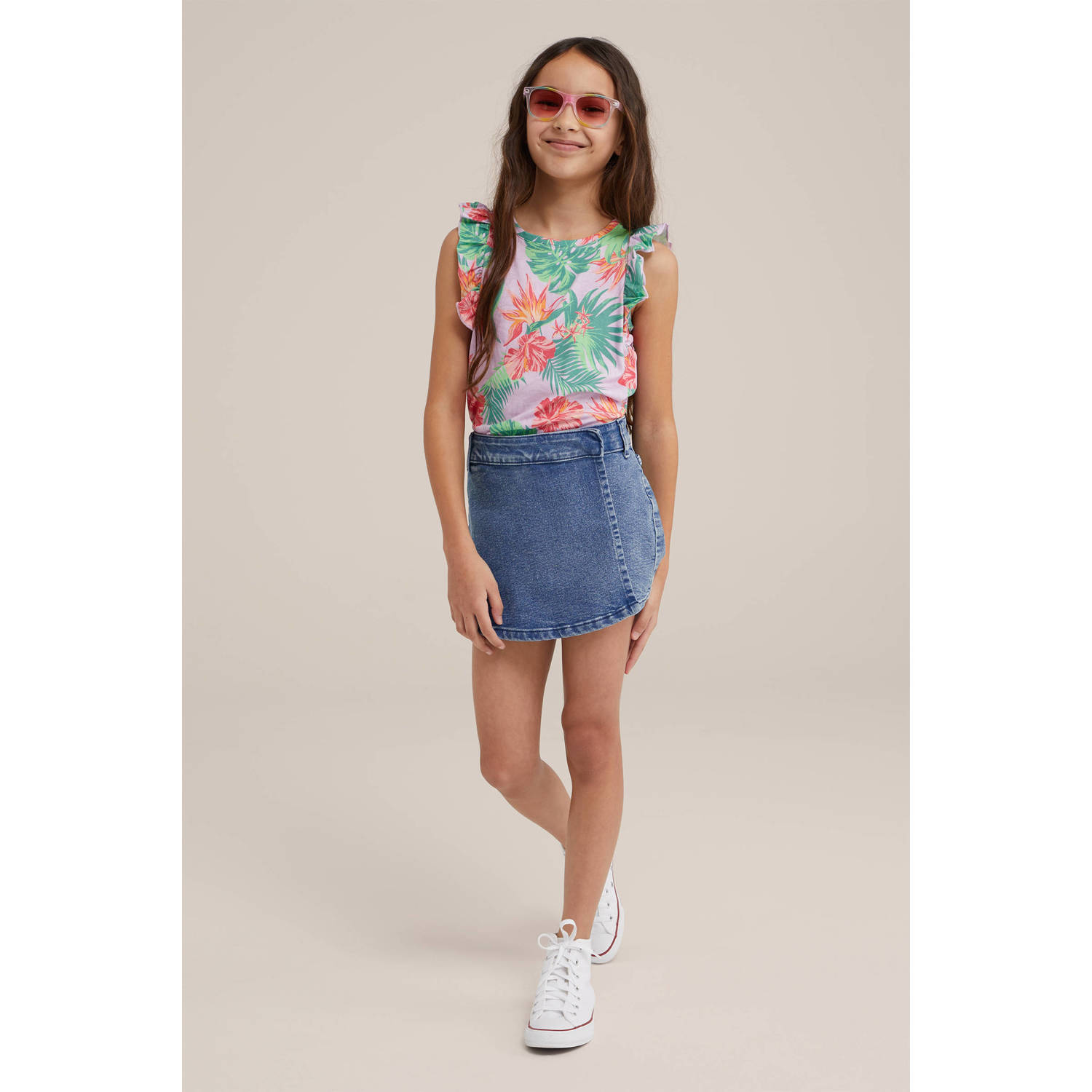 WE Fashion top met bloemdessin lila groen roze