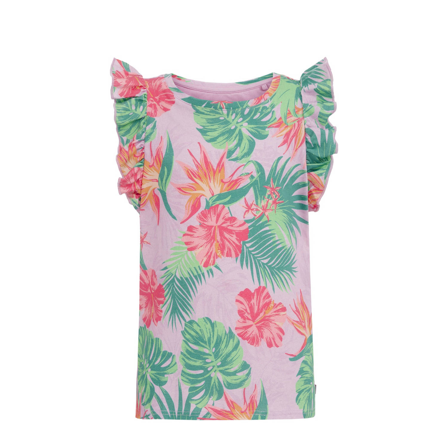 WE Fashion top met bloemdessin lila groen roze T-shirt Multi Meisjes Katoen Ronde hals 110 116