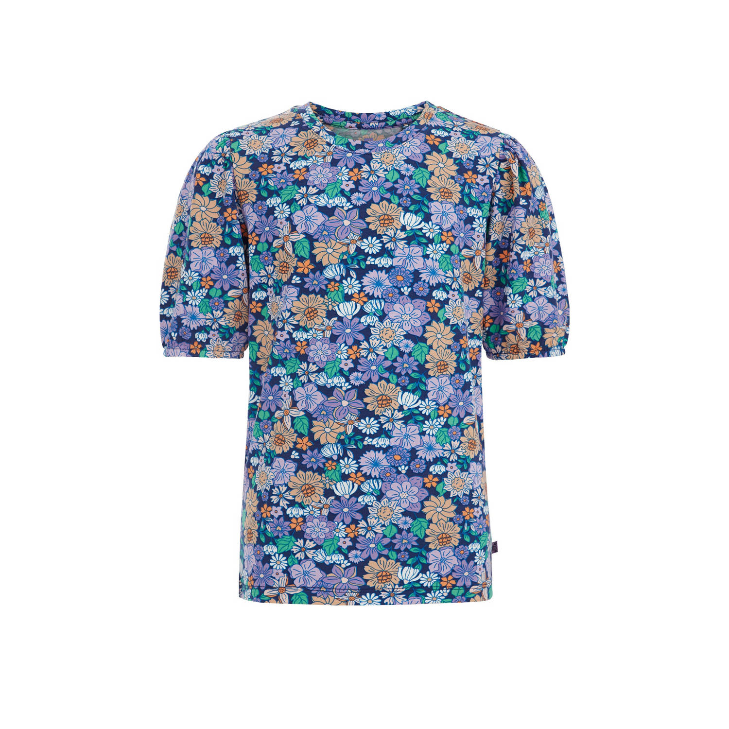 WE Fashion gebloemd T-shirt blauw Meisjes Katoen Ronde hals Bloemen 110 116