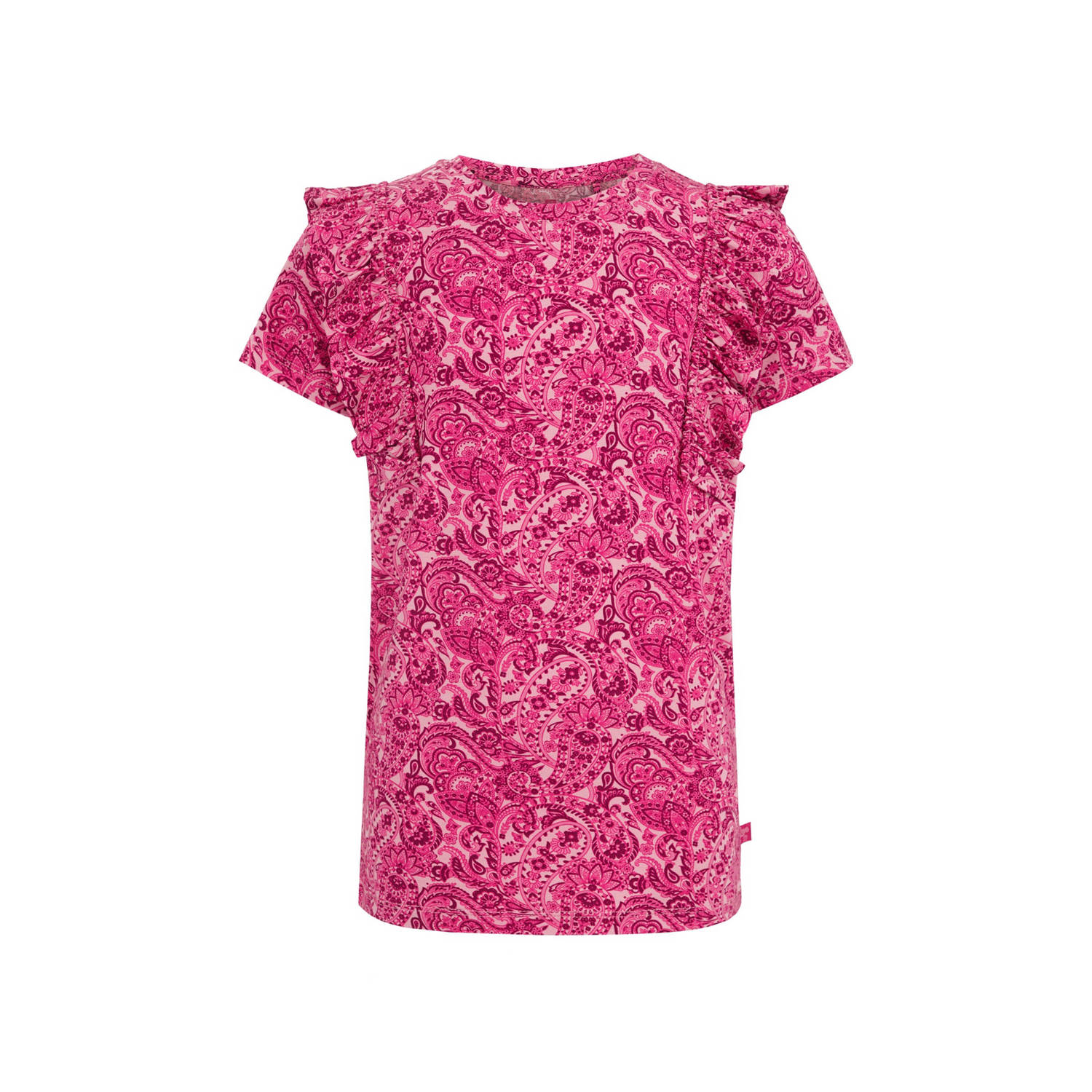 WE Fashion T-shirt met all over print en ruches roze Meisjes Viscose Ronde hals 110 116