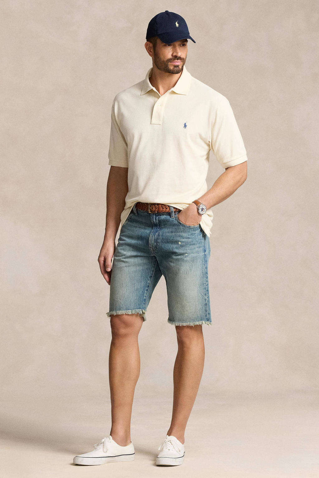 Ecru heren POLO Ralph Lauren Big & Tall polo van katoen met logo dessin, korte mouwen, klassieke kraag en knoopsluiting
