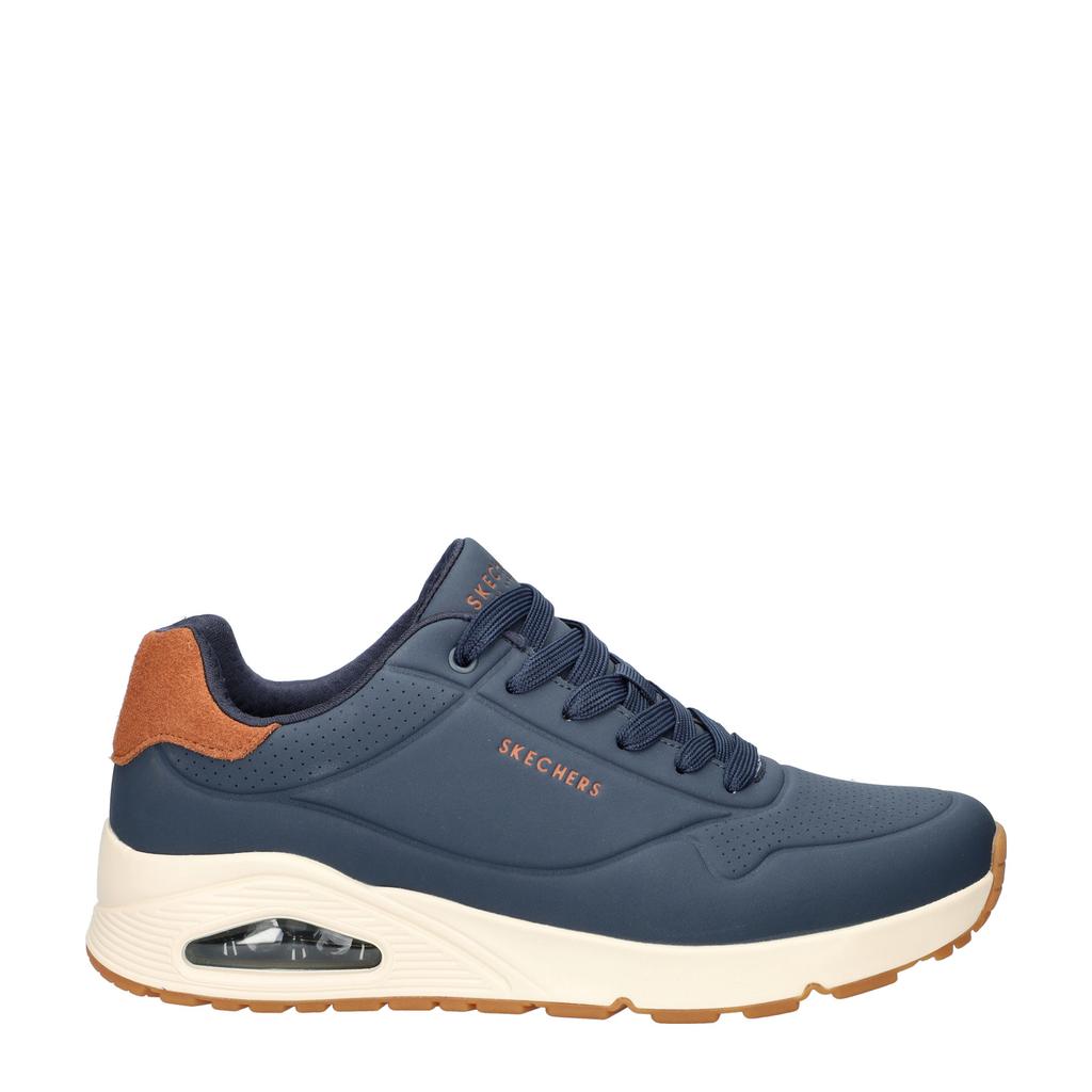 Blauwe heren Skechers Uno sneakers van imitatieleer met veters