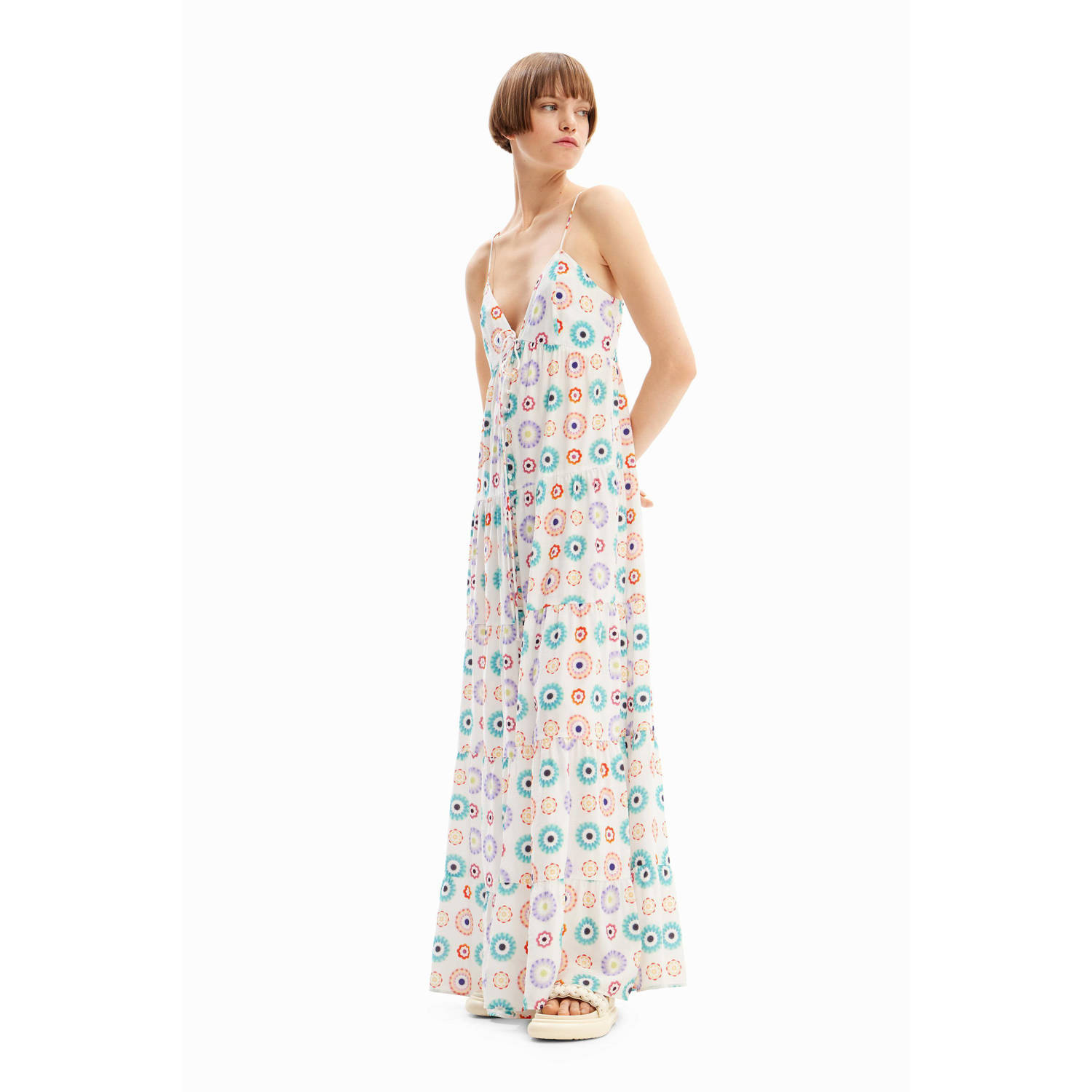 Desigual maxi A-lijn jurk met all over print wit blauw oranje