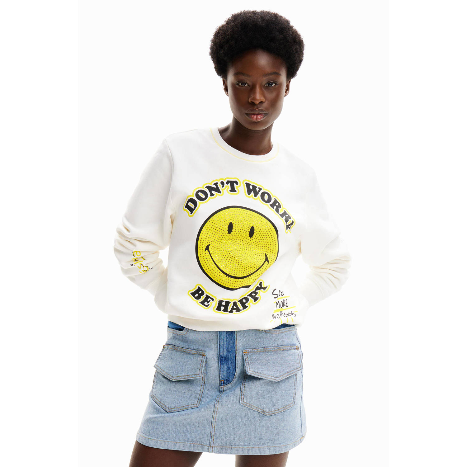 Desigual sweater met logo wit geel zwart