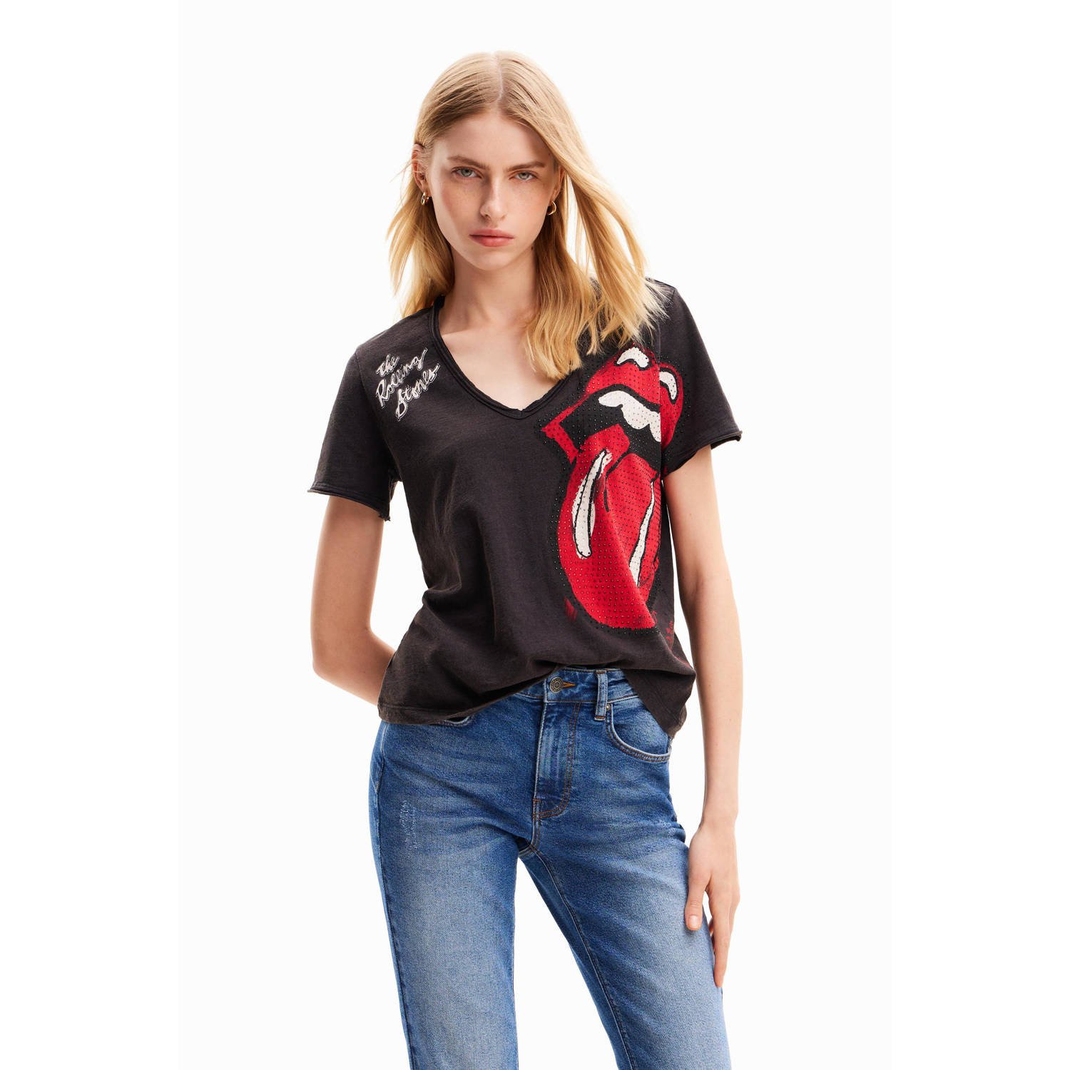 Desigual Zwarte Rolling Stones T-shirt met Strass Black Dames