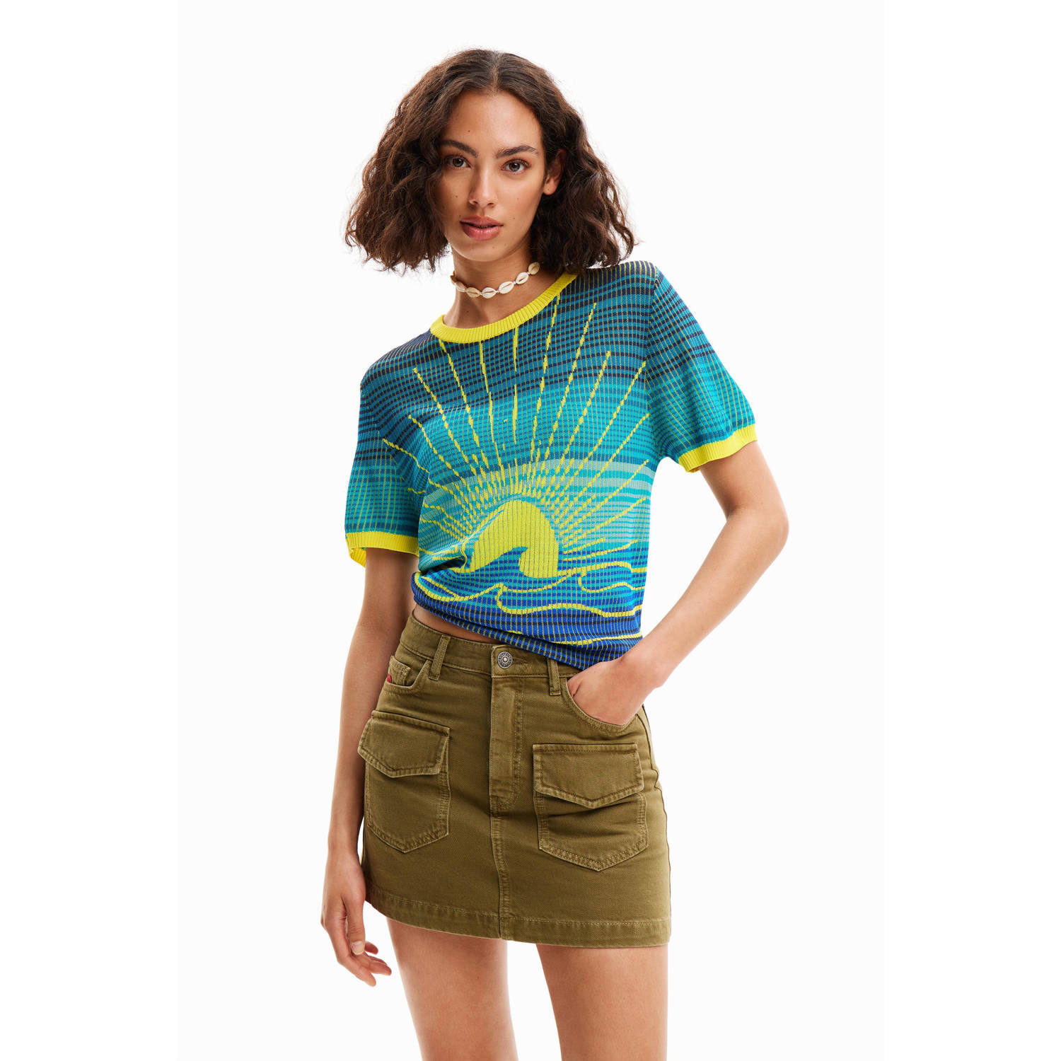 Desigual T-shirt met ingebreid patroon blauw geel