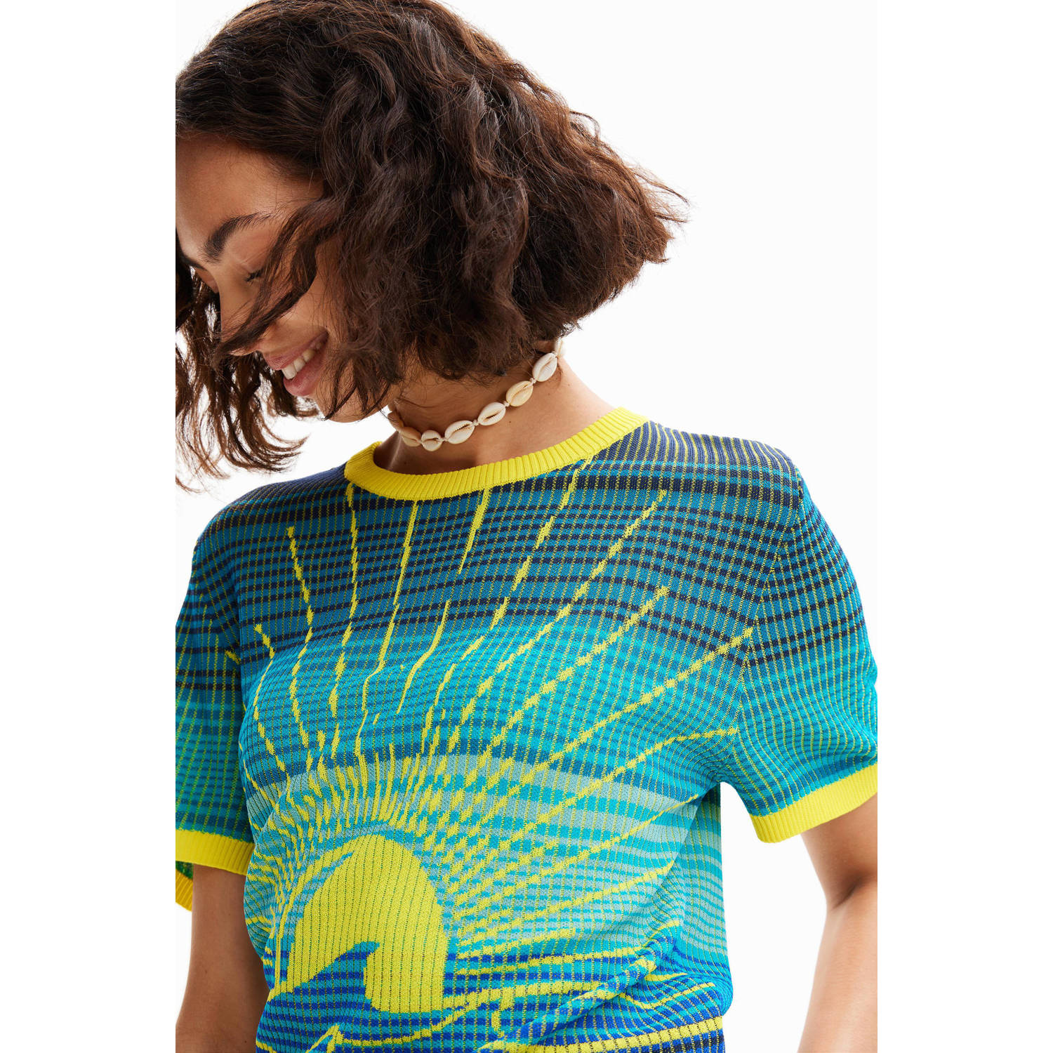 Desigual T-shirt met ingebreid patroon blauw geel