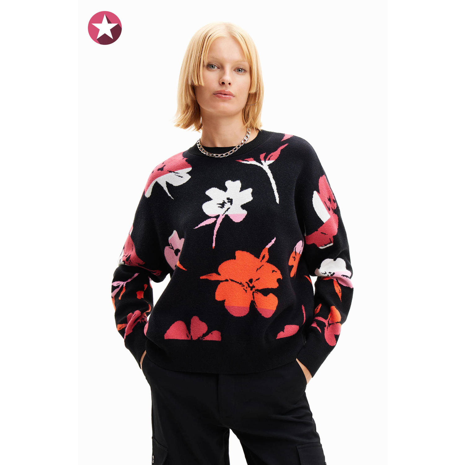 Desigual trui met ingebreid patroon zwart rood roze