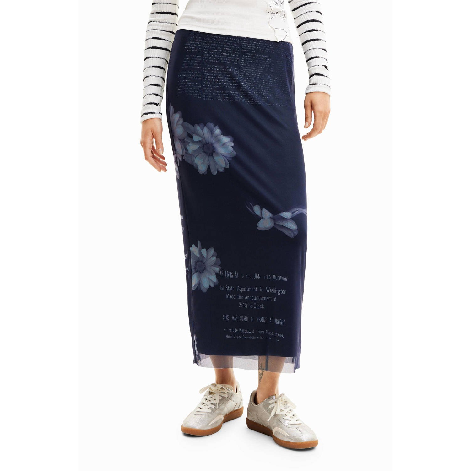 Desigual gebloemde midi rok donkerblauw