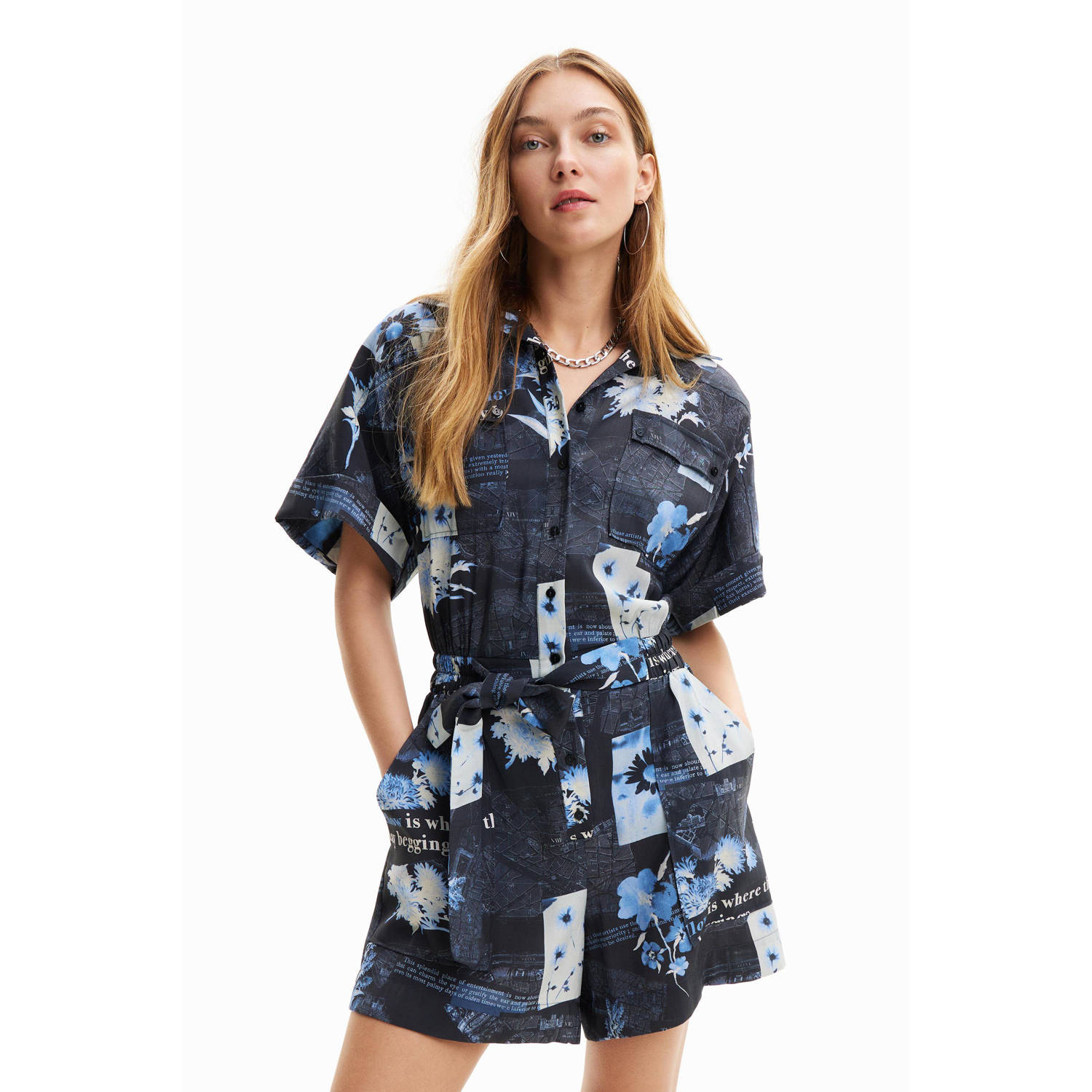 Desigual playsuit met all over print donkerblauw lichtblauw