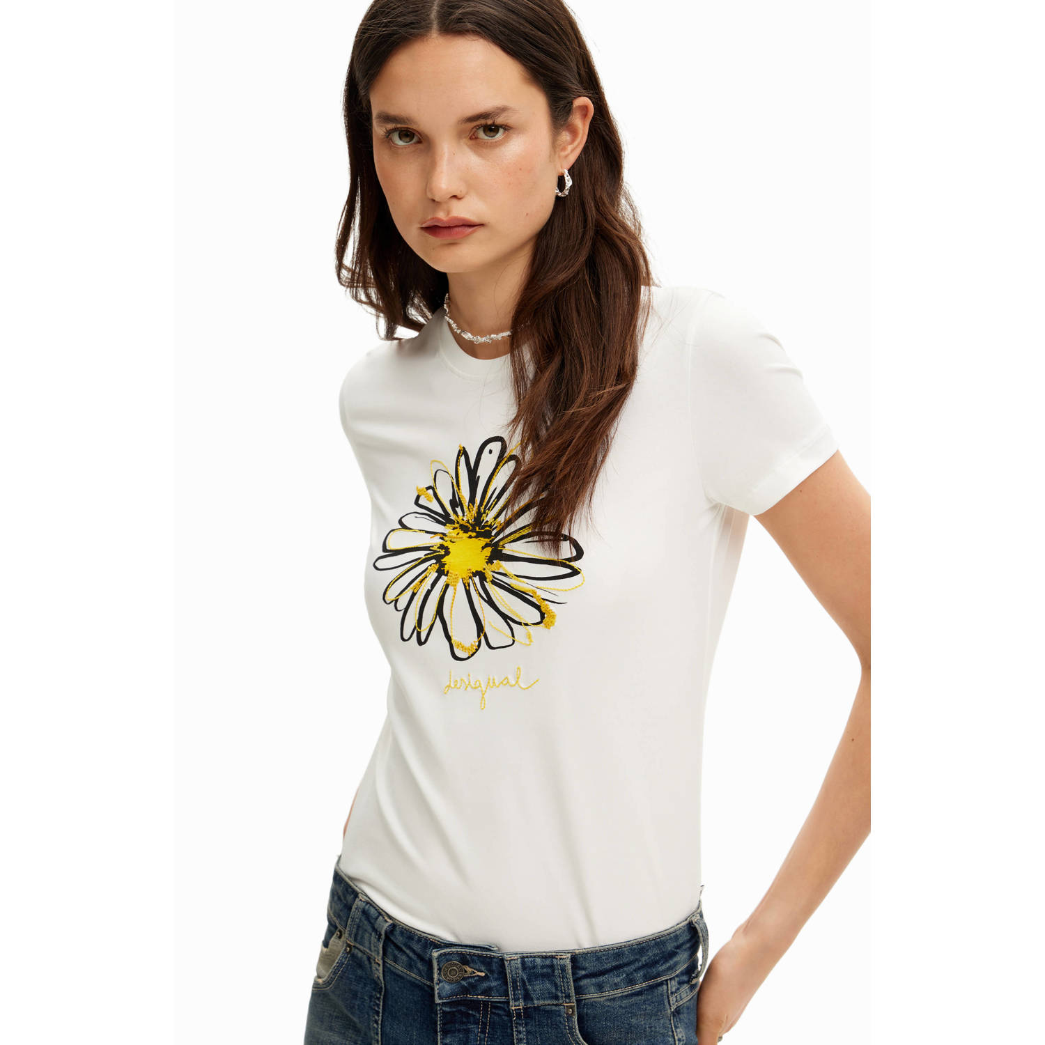 Desigual T-shirt met logo wit geel