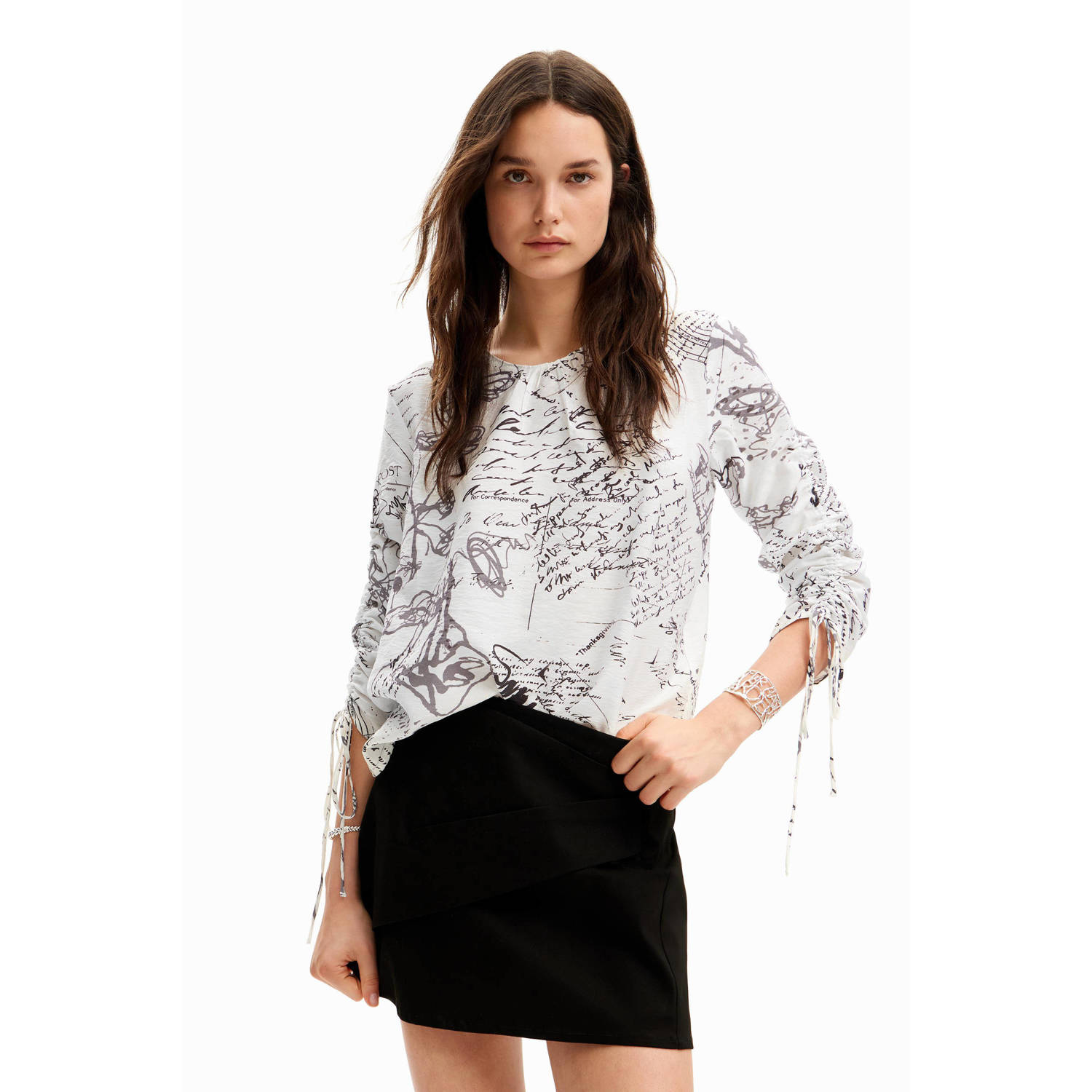 Desigual blousetop met all over print en plooien wit zwart