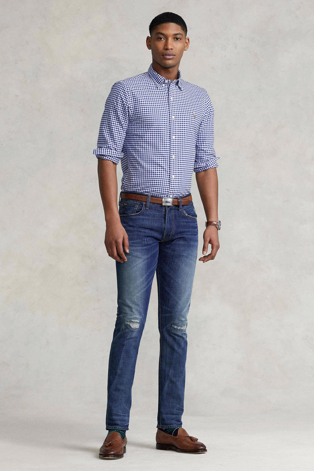 Blauwe heren POLO Ralph Lauren geruit slim fit overhemd van katoen met lange mouwen en button down sluiting