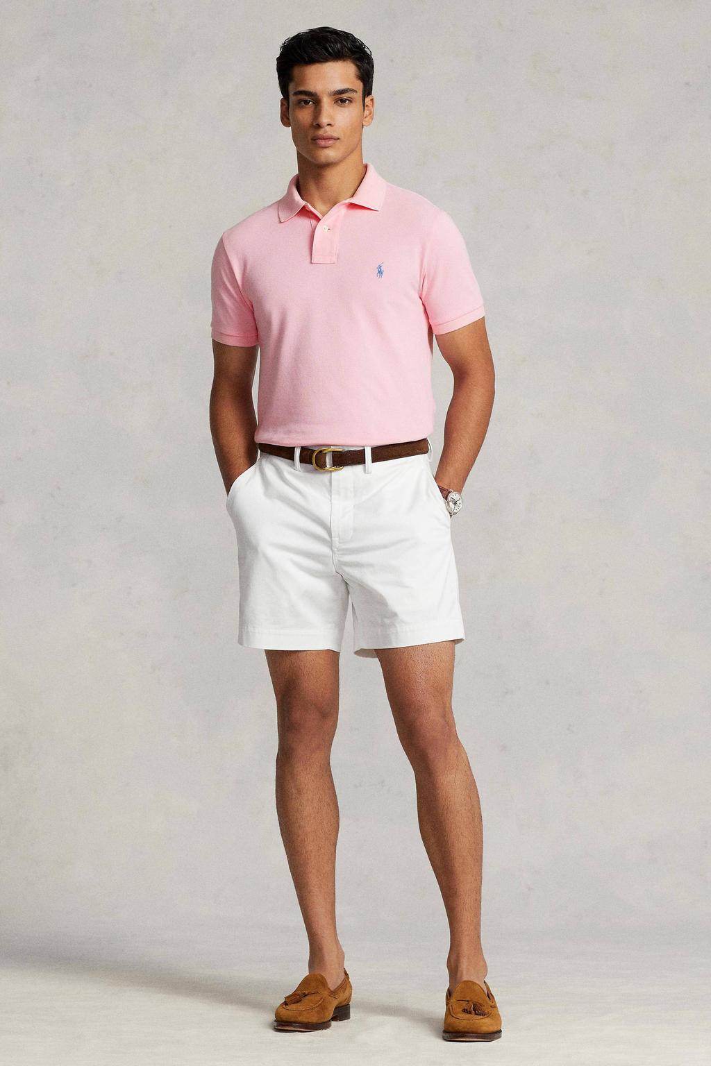 Lichtroze heren POLO Ralph Lauren slim fit polo van katoen met logo dessin, korte mouwen en klassieke kraag