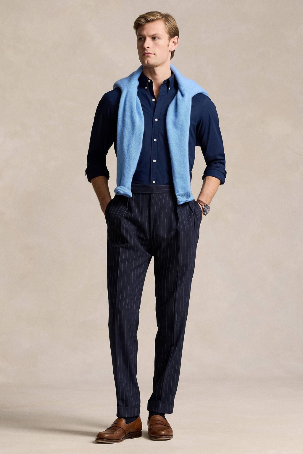 Donkerblauwe heren POLO Ralph Lauren slim fit overhemd van katoen met logo dessin, lange mouwen en button down sluiting