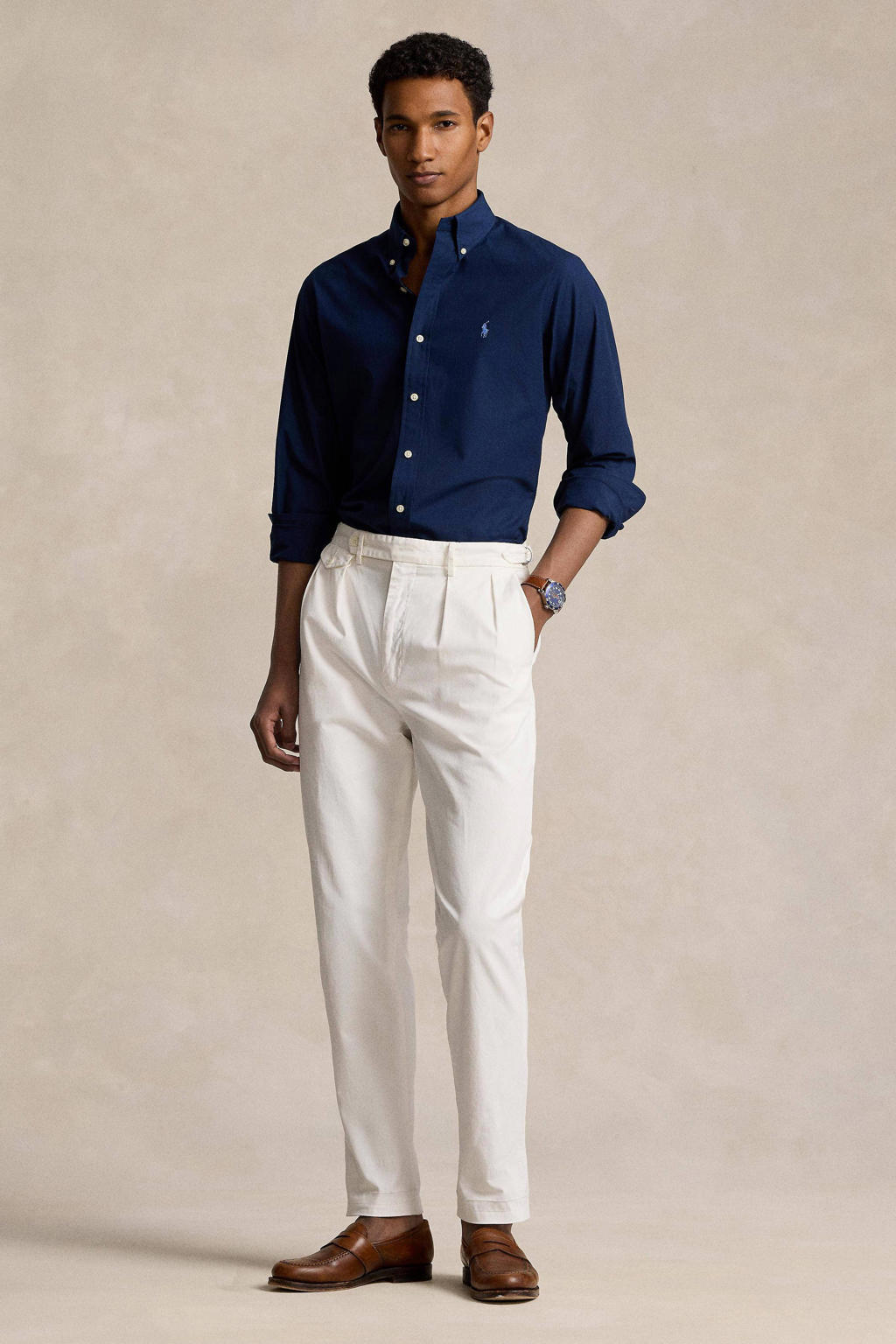 Donkerblauwe heren POLO Ralph Lauren regular fit overhemd van katoen met logo dessin, lange mouwen en button down sluiting