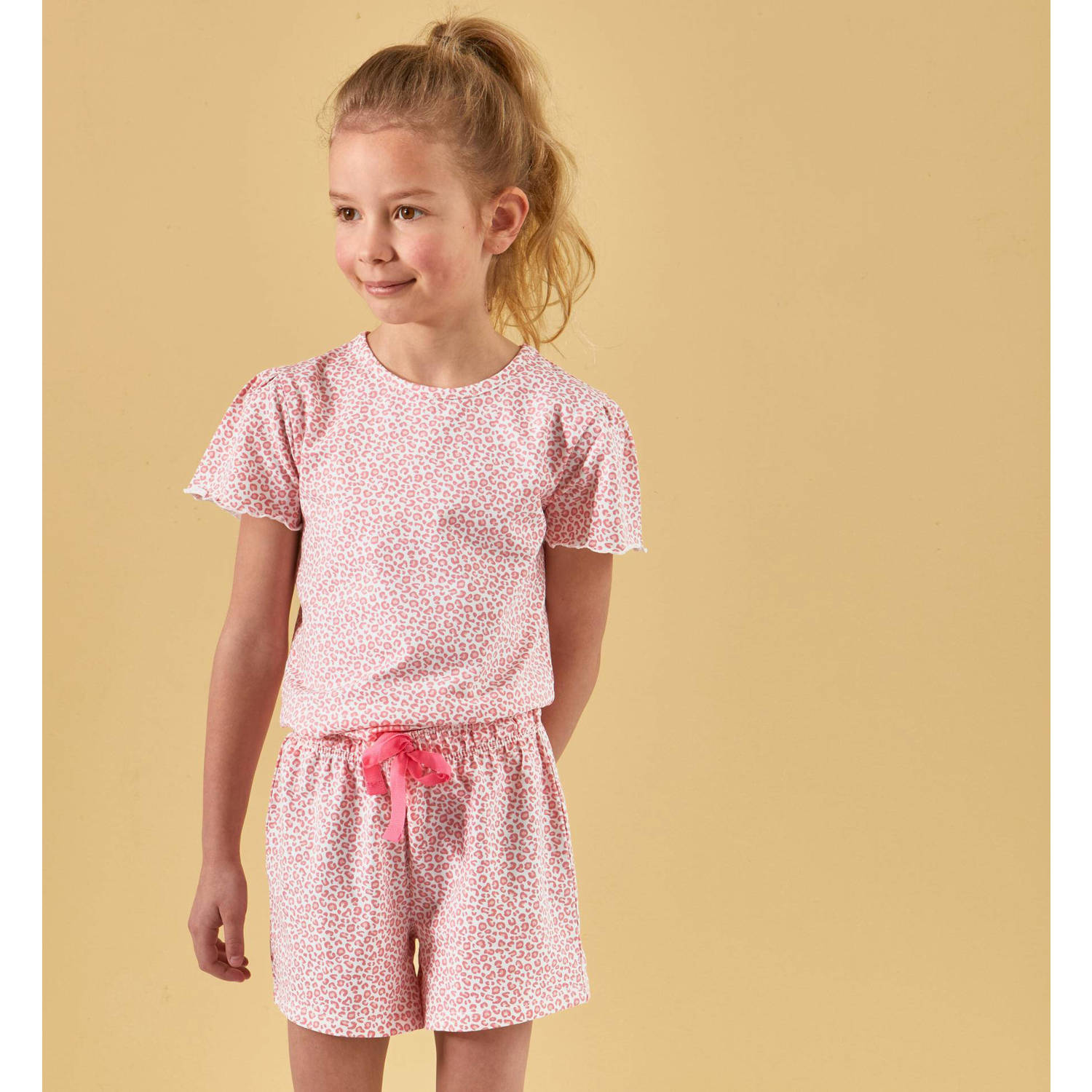 Little Label shortama met panterprint roze Meisjes Stretchkatoen Ronde hals 110 116