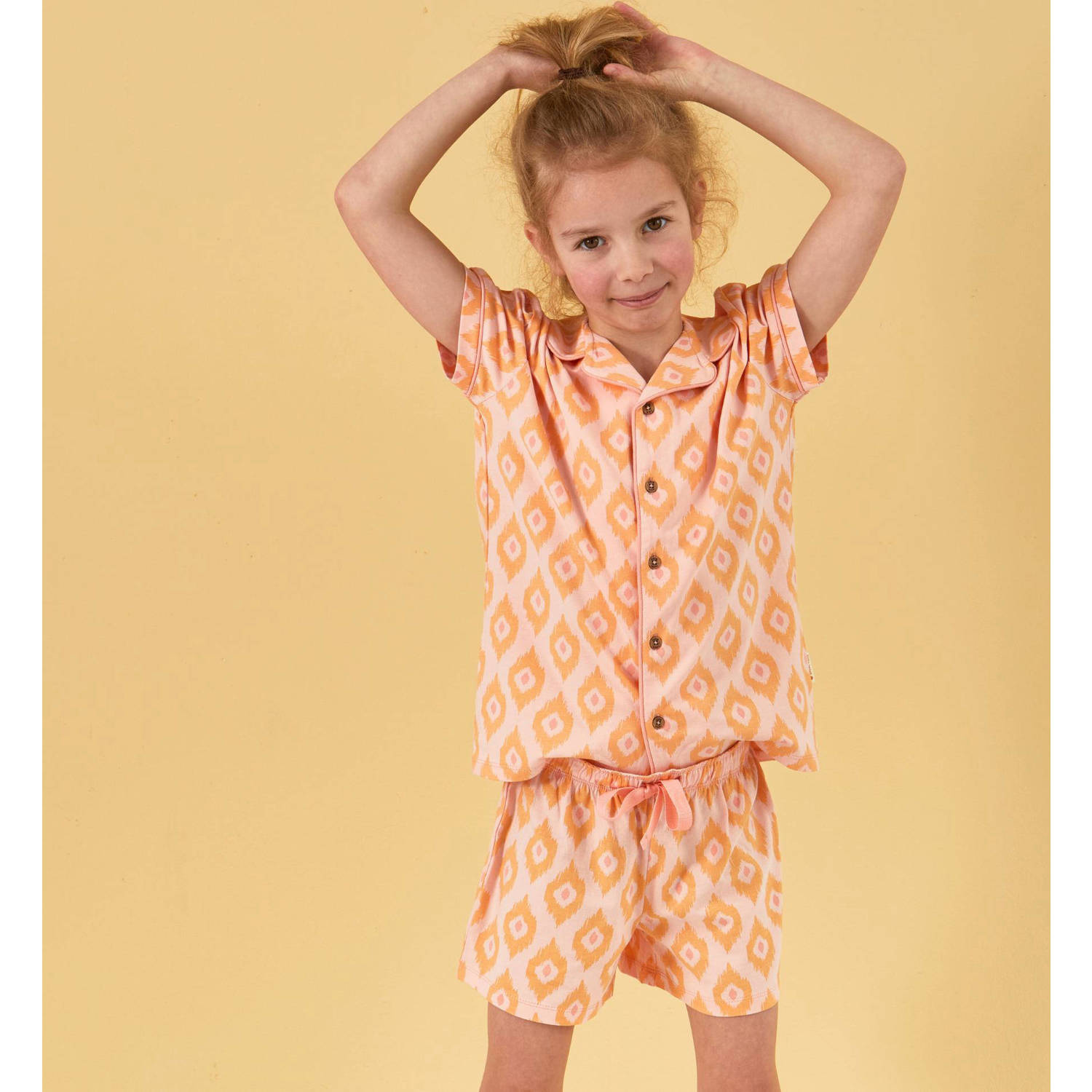 Little Label shortama met all over print oranje Meisjes Stretchkatoen Klassieke kraag 134 140