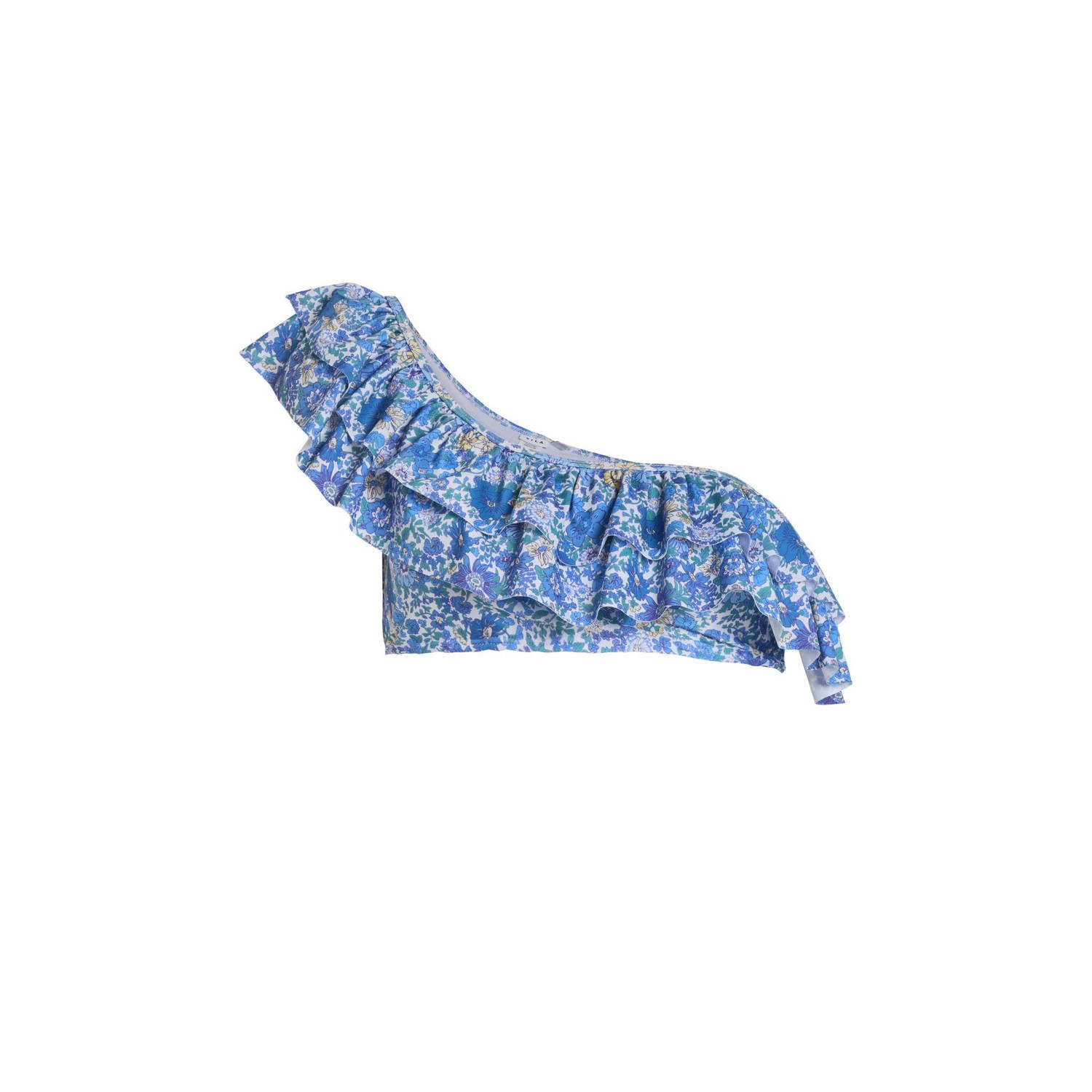 VILA niet-voorgevormde one shoulder bikinitop VIMELENA met ruches blauw