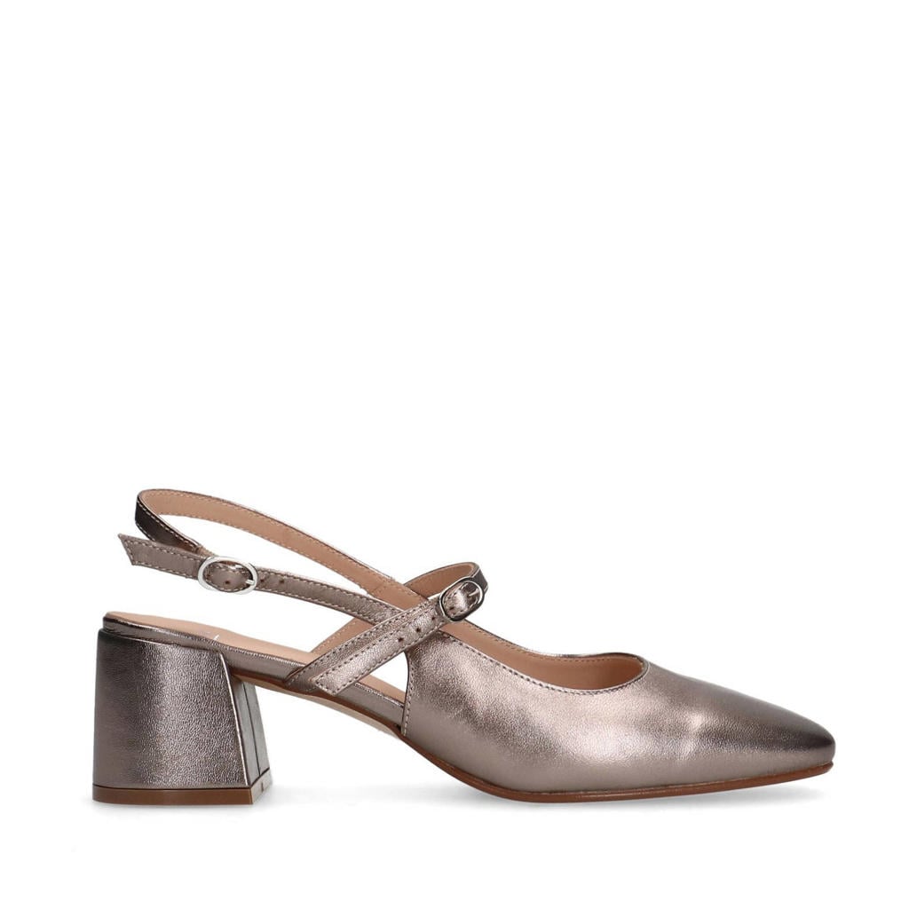 Gouden dames Manfield leren slingback pumps met blokhak, gesp en effen