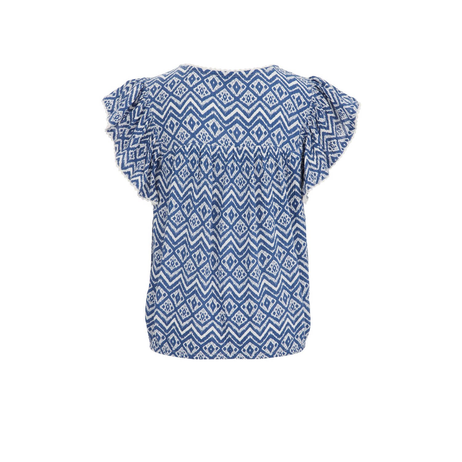 WE Fashion top met all over print blauw wit