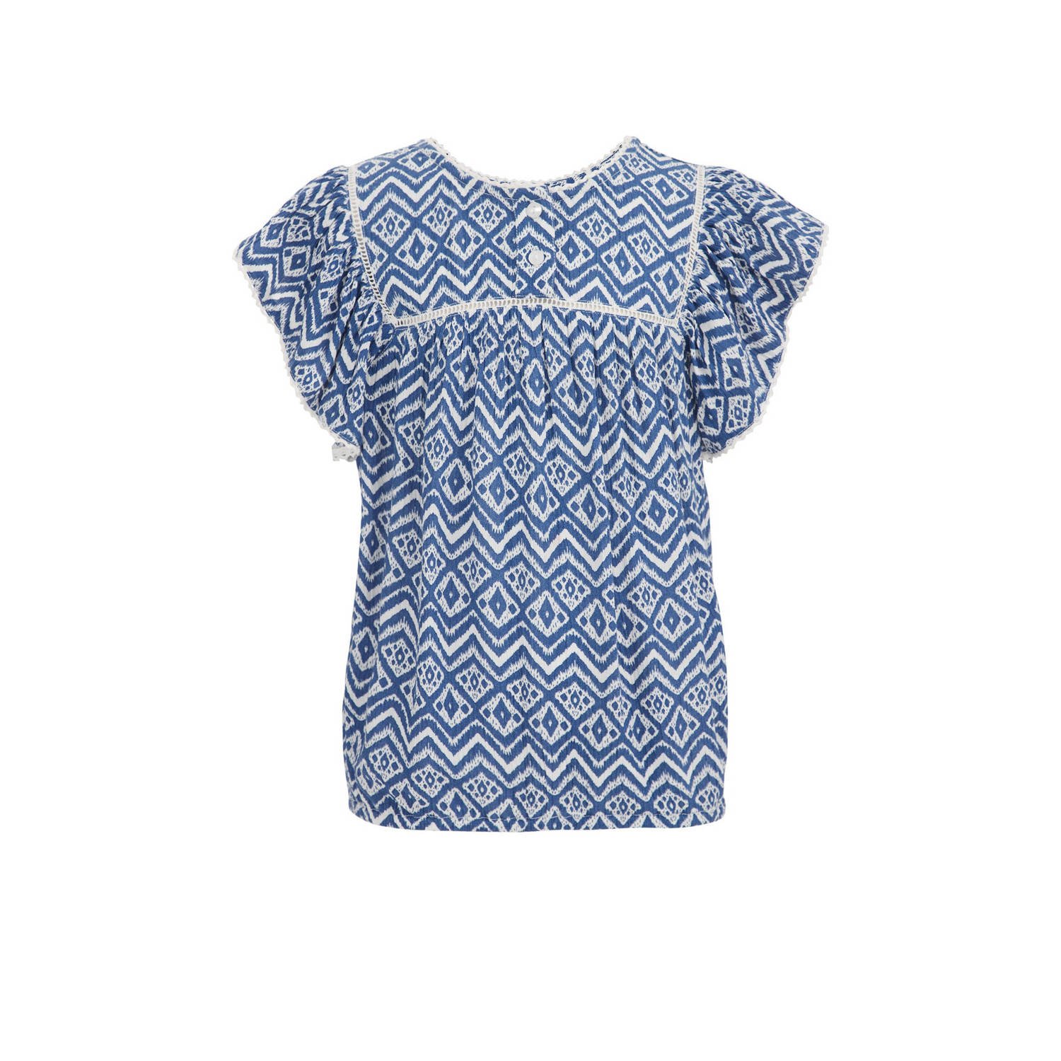 WE Fashion top met all over print blauw wit Meisjes Viscose Ronde hals 110 116