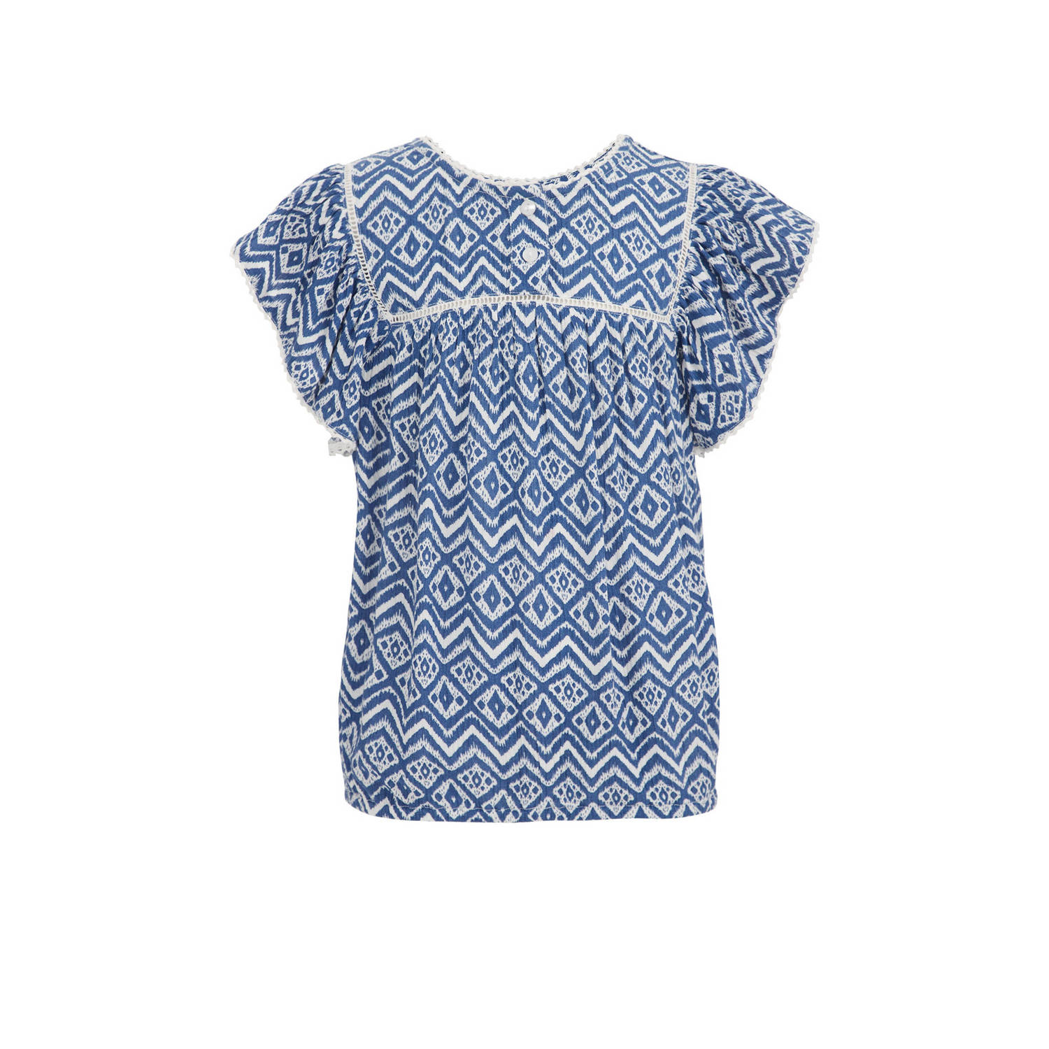 WE Fashion top met all over print blauw wit