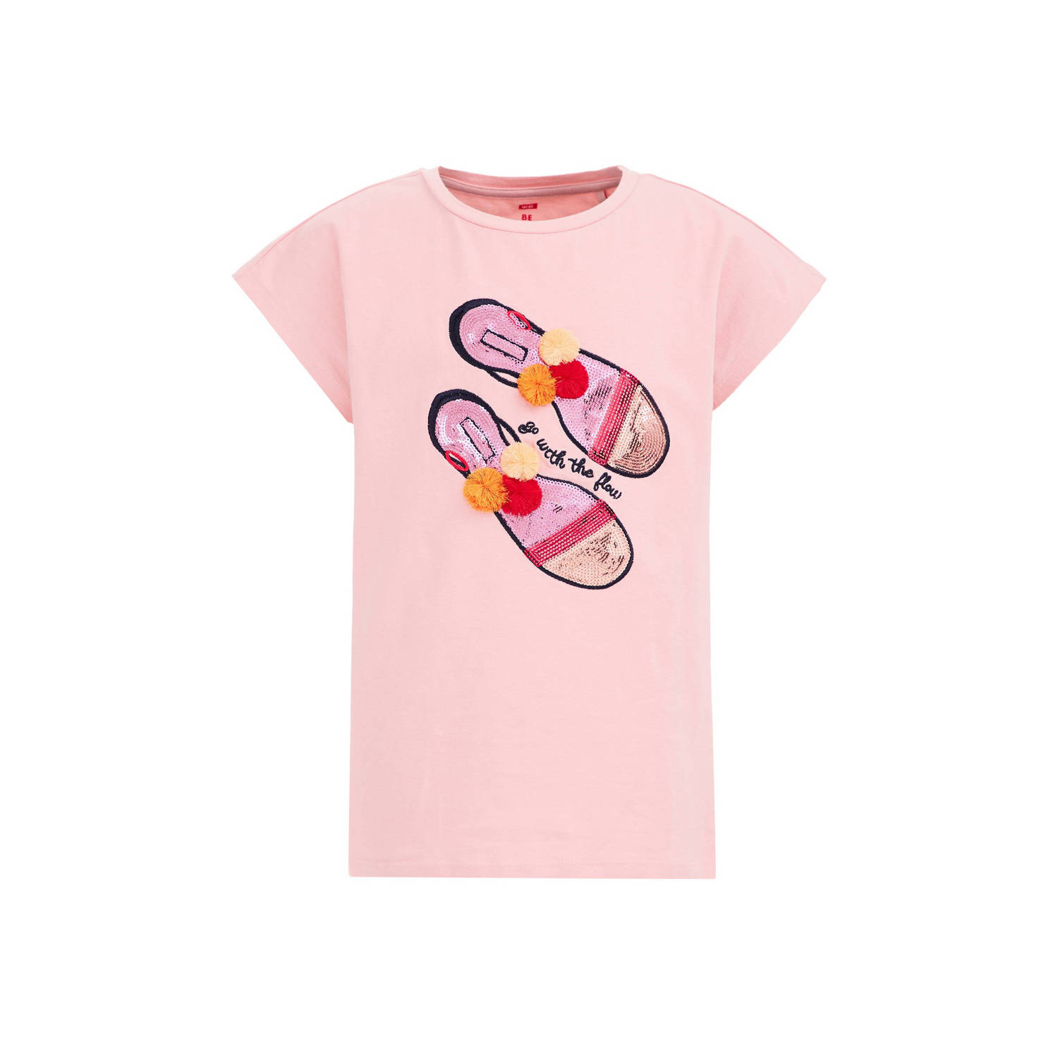 WE Fashion T-shirt met printopdruk roze Meisjes Stretchkatoen Ronde hals 110 116