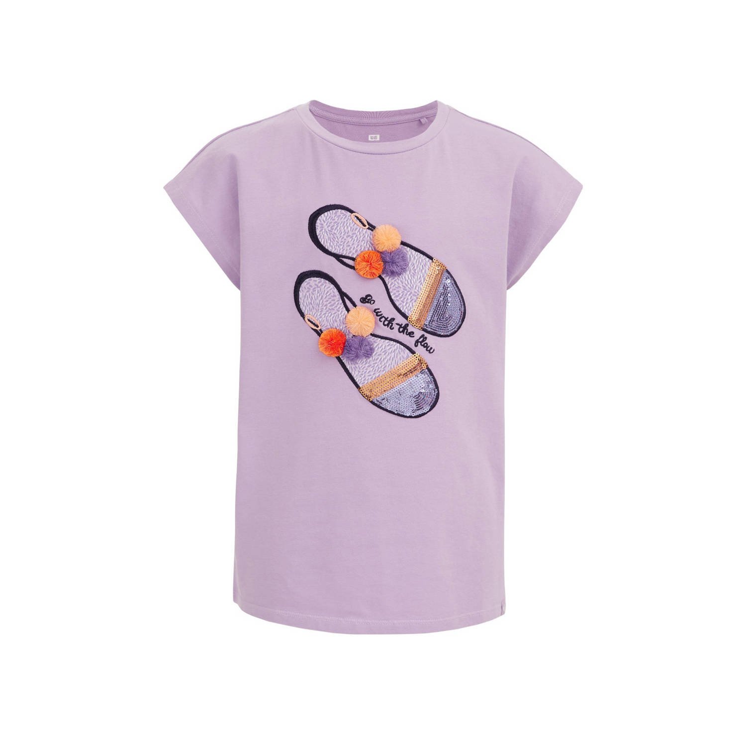 WE Fashion T-shirt met printopdruk paars Meisjes Stretchkatoen Ronde hals 170 176