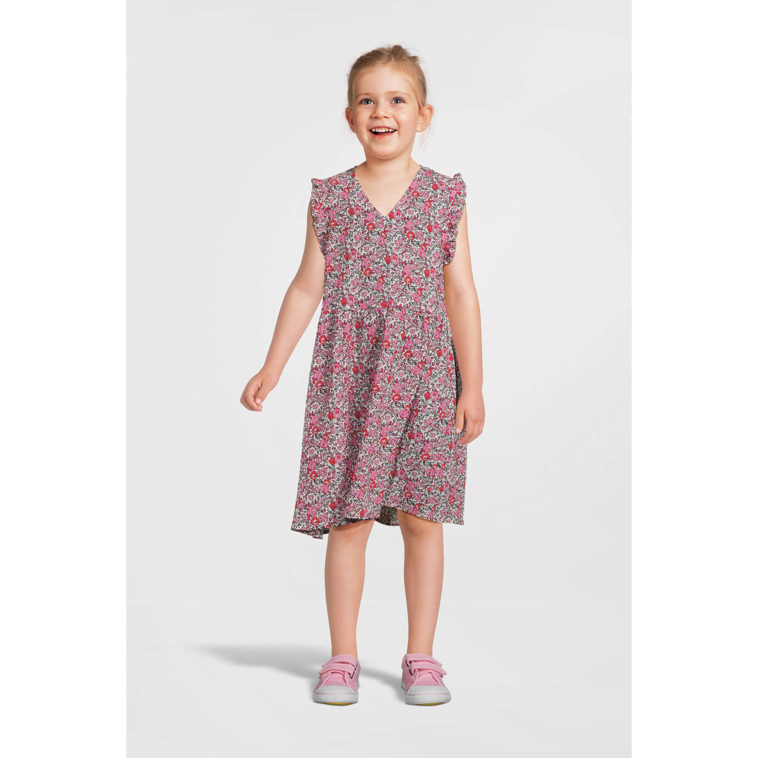 VERO MODA GIRL gebloemde jurk VMTARA roze oranje wit Meisjes Polyester V-hals 116