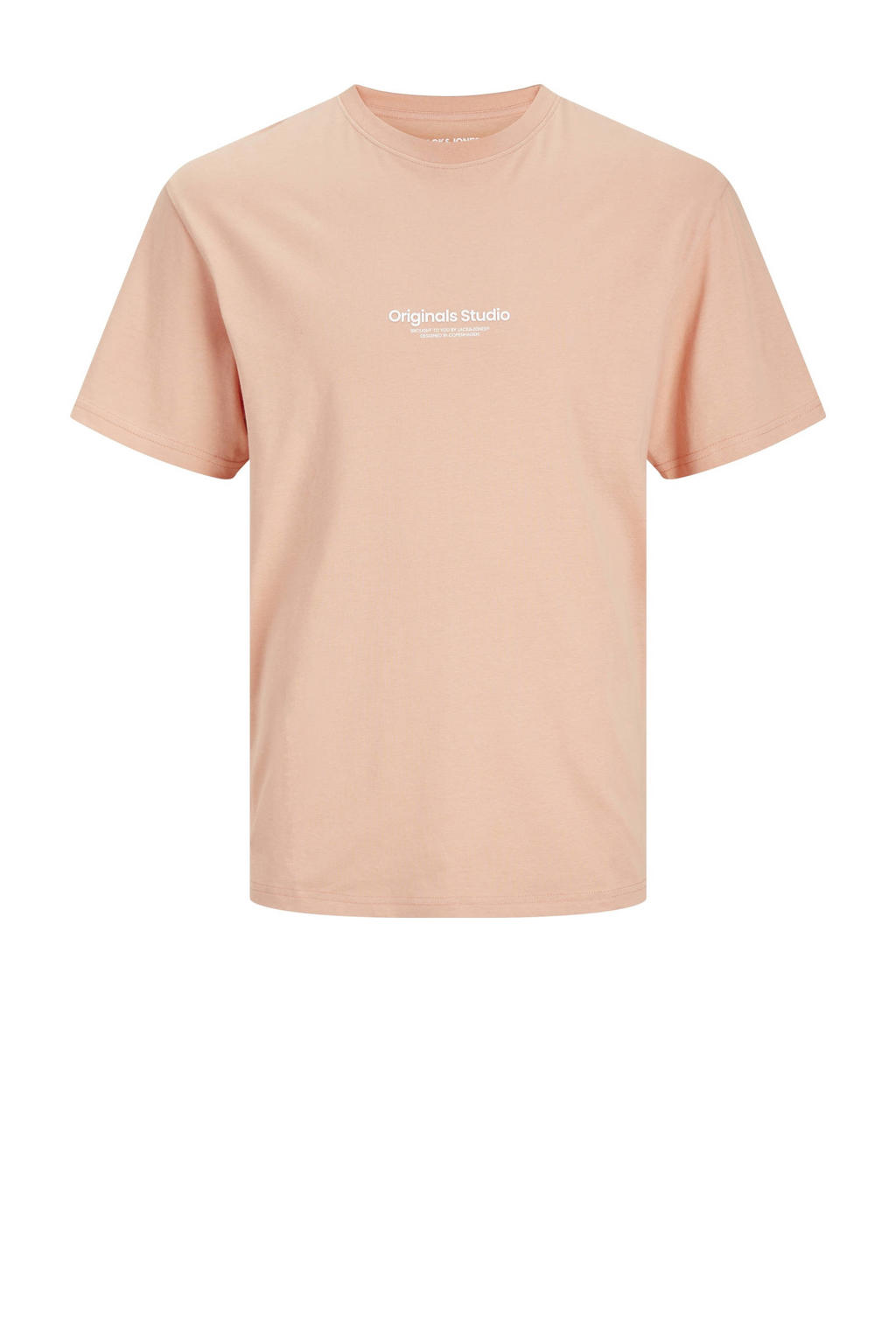 Zalmkleurige jongens JACK & JONES JUNIOR T-shirt KORVESTERBRO van katoen met tekst print, korte mouwen en ronde hals