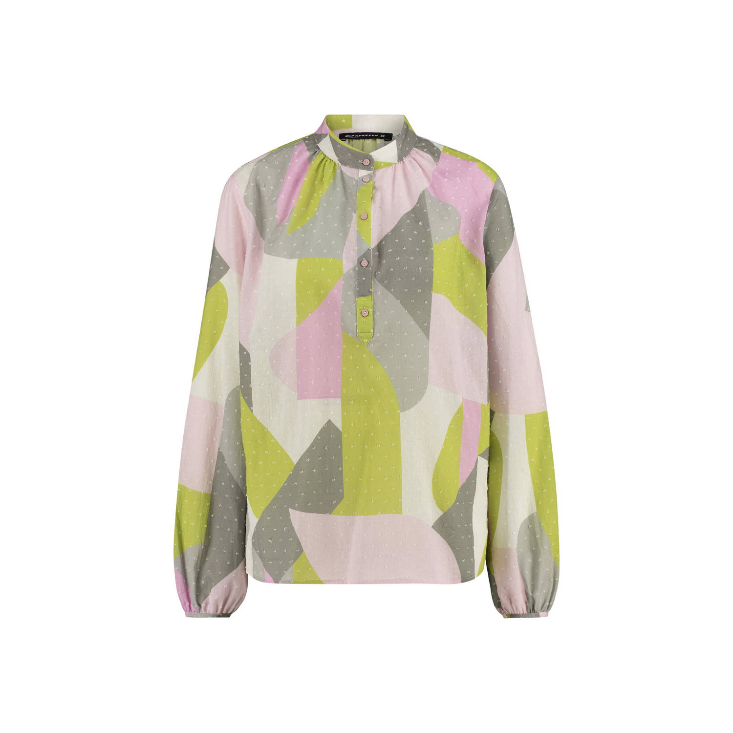 Expresso blousetop met all over print en textuur grijs limegroen roze