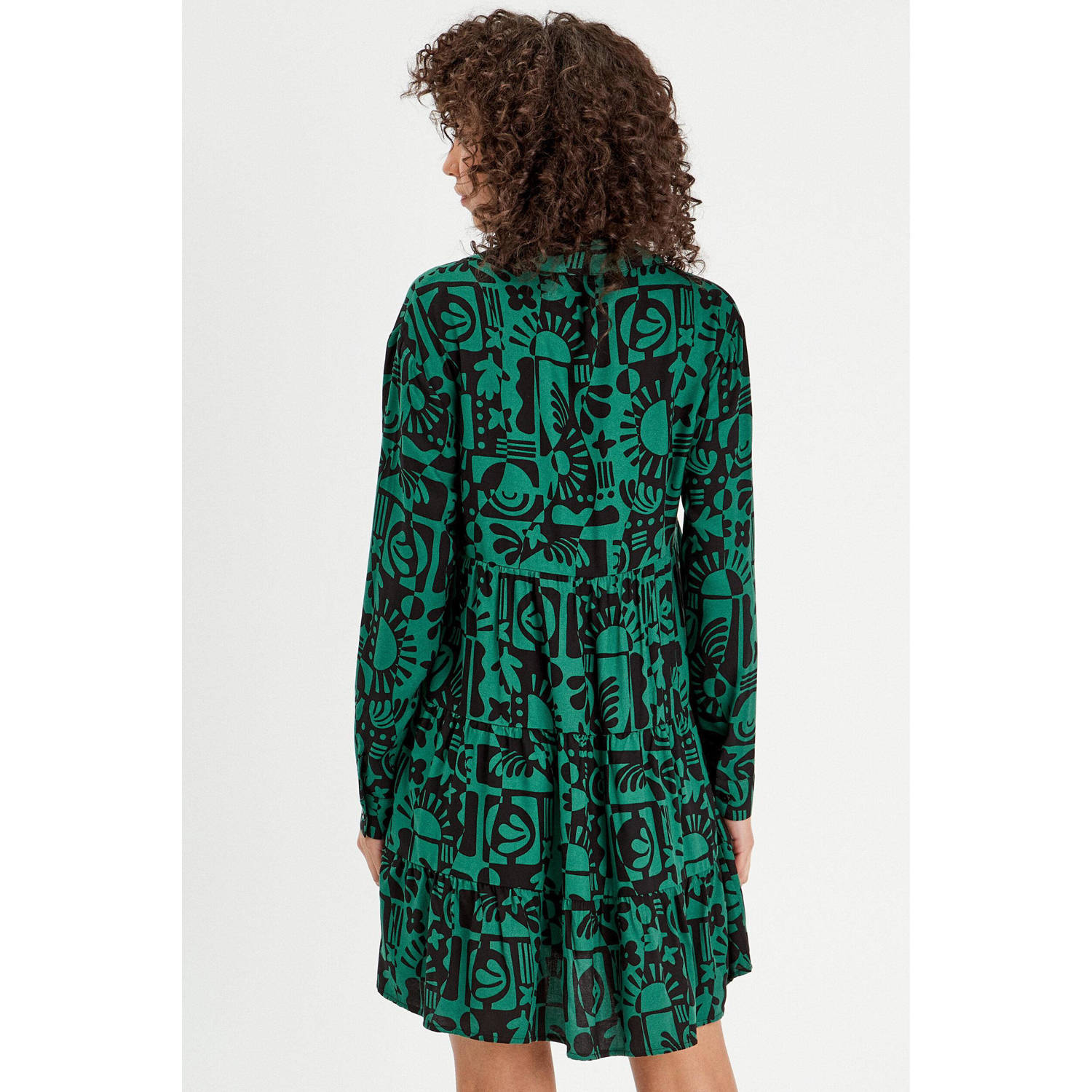 Cache blousejurk met grafische print en volant donkergroen zwart