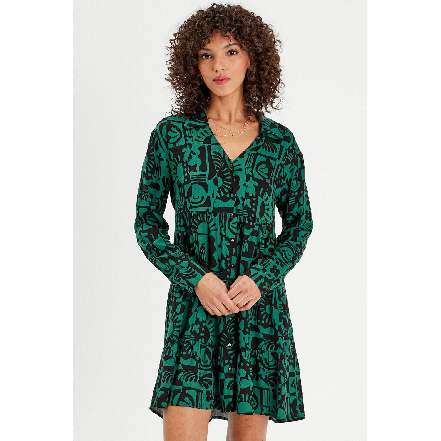 Cache blousejurk met grafische print en volant donkergroen zwart