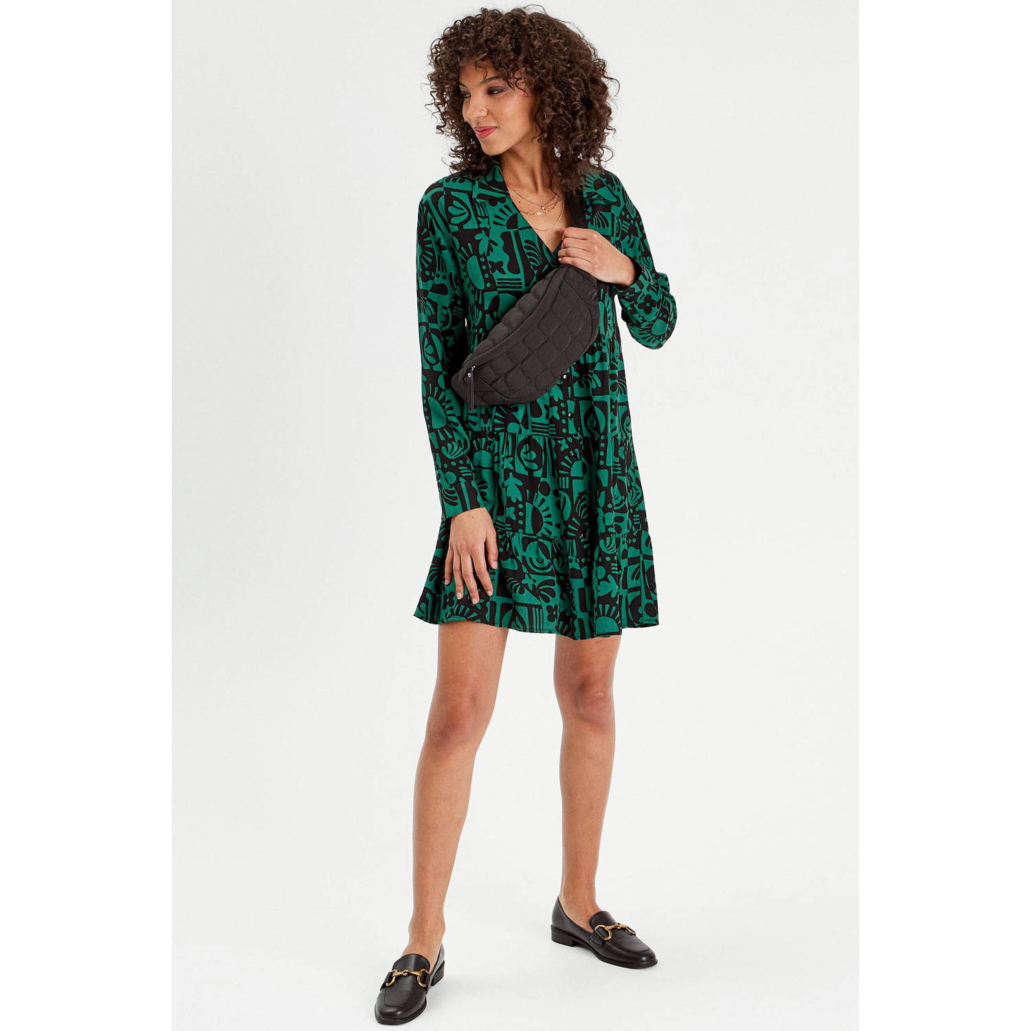 Cache blousejurk met grafische print en volant donkergroen zwart