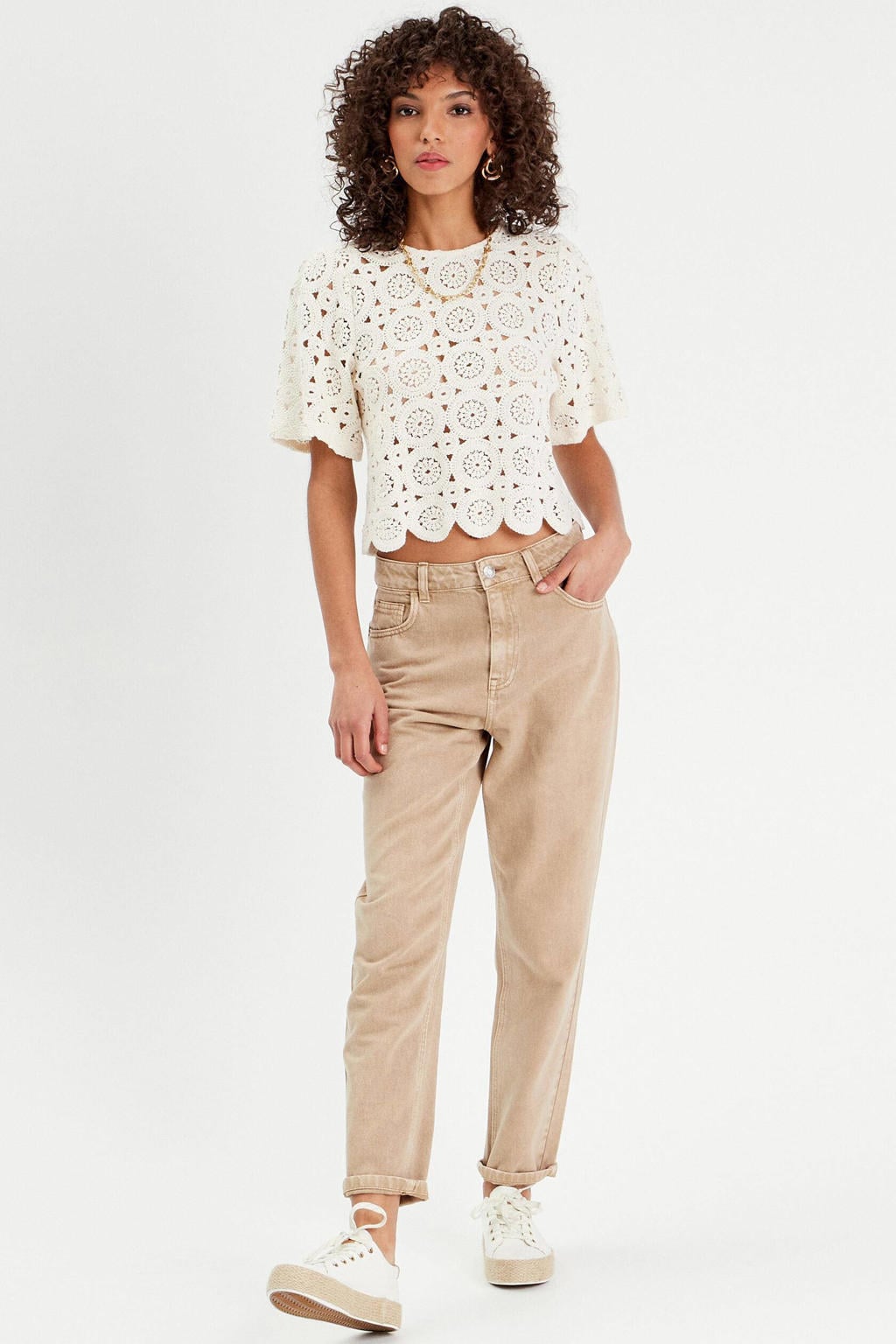 Ecru dames Cache Cache gehaakte top van polyester met effen, korte mouwen, ronde hals en broderie
