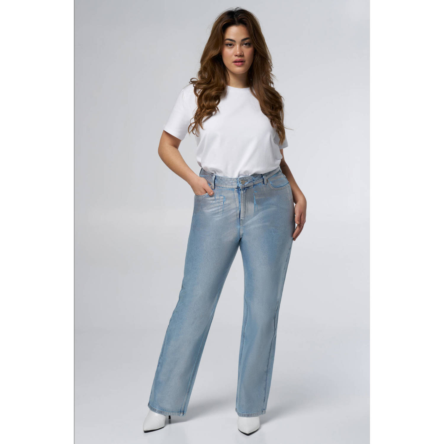 MS Mode metallic high waist straight jeans medium blue denim