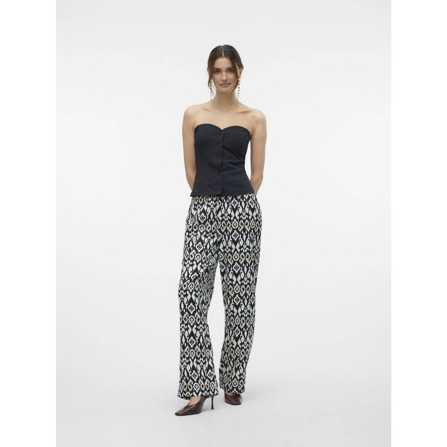 VERO MODA high waist loose fit broek VMJULIET met all over print zwart wit