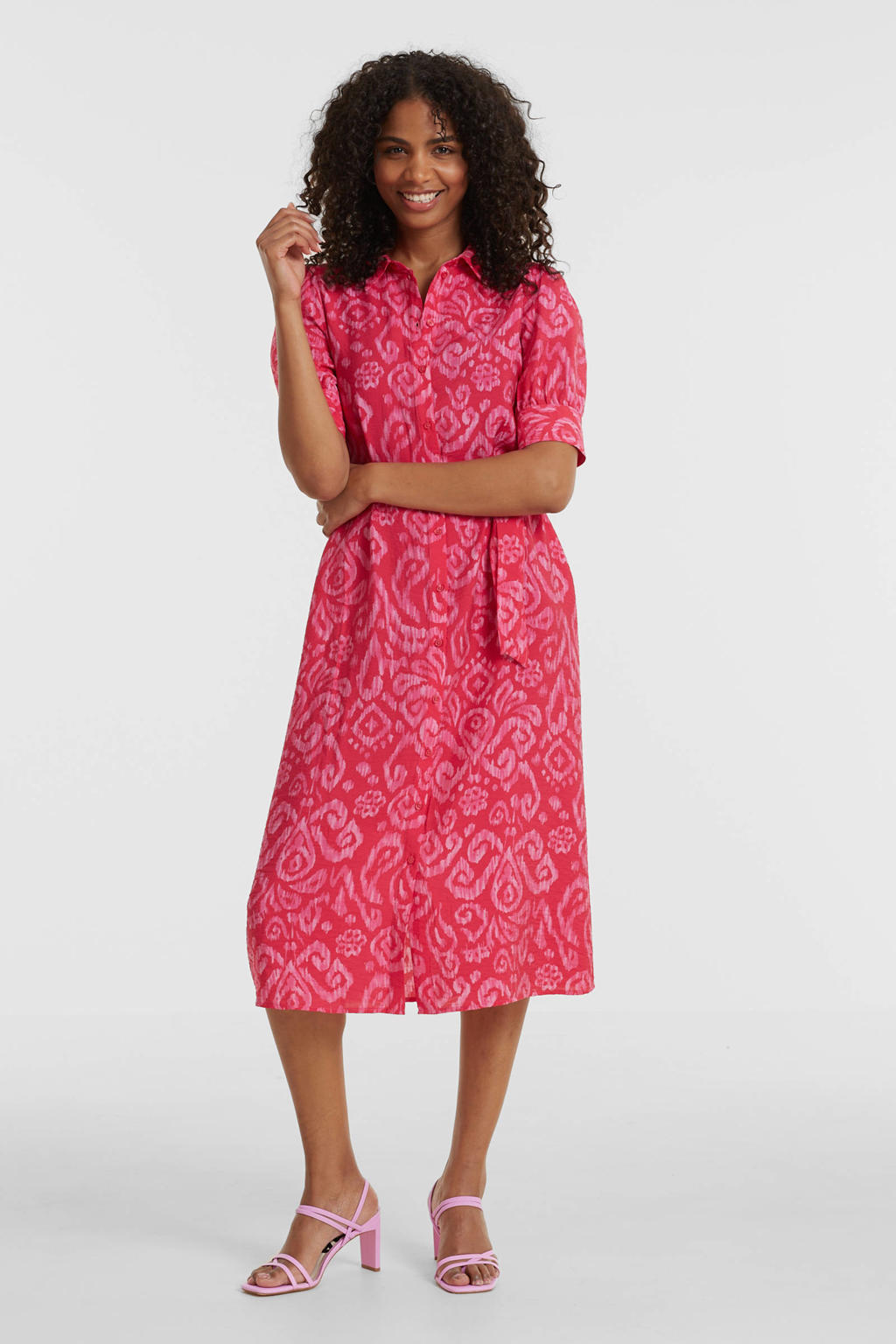 Roze dames VERO MODA blousejurk met ceintuur van viscose met korte mouwen, klassieke kraag en knoopsluiting