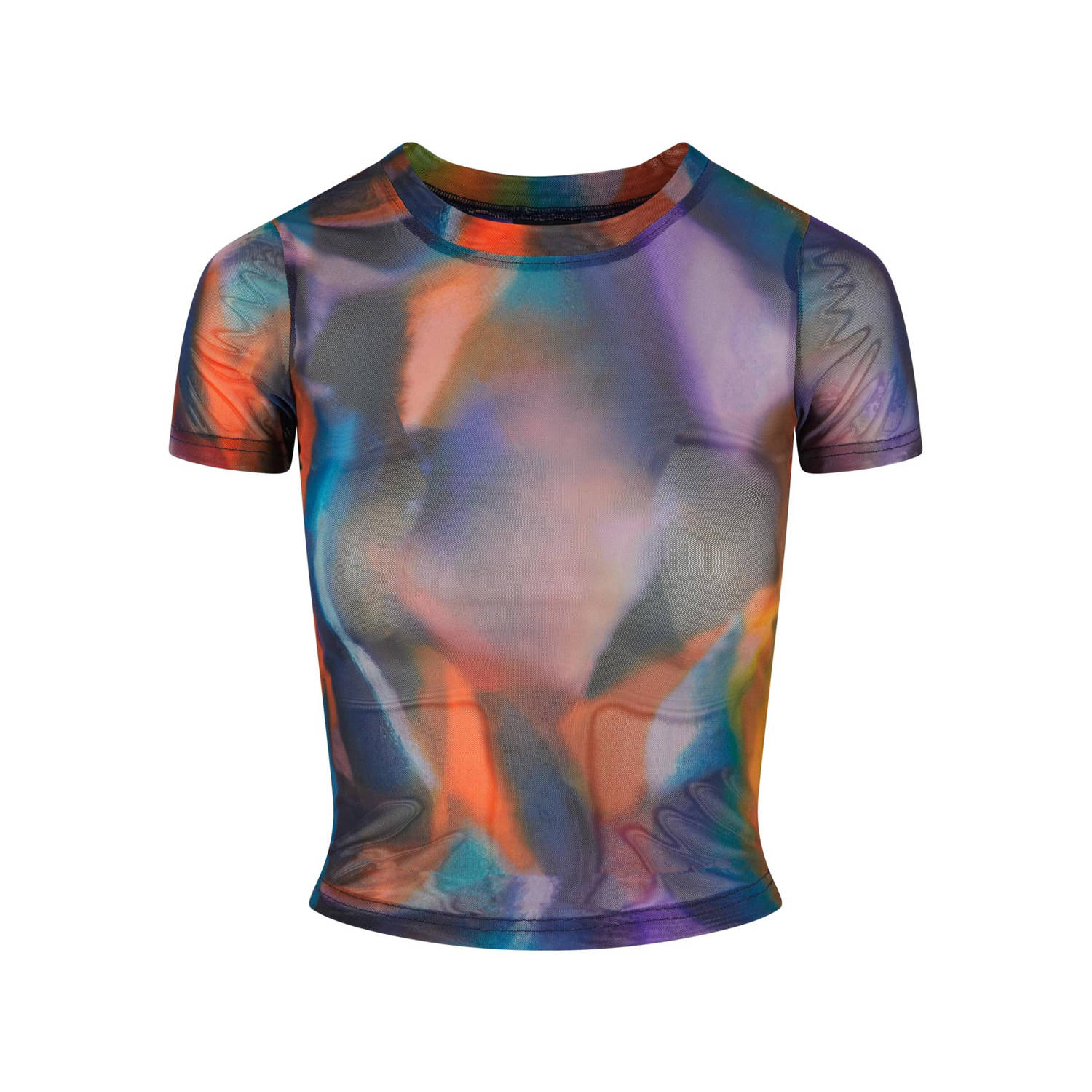 Urban Classics Curvy crop top met all over print en mesh paars groen oranje