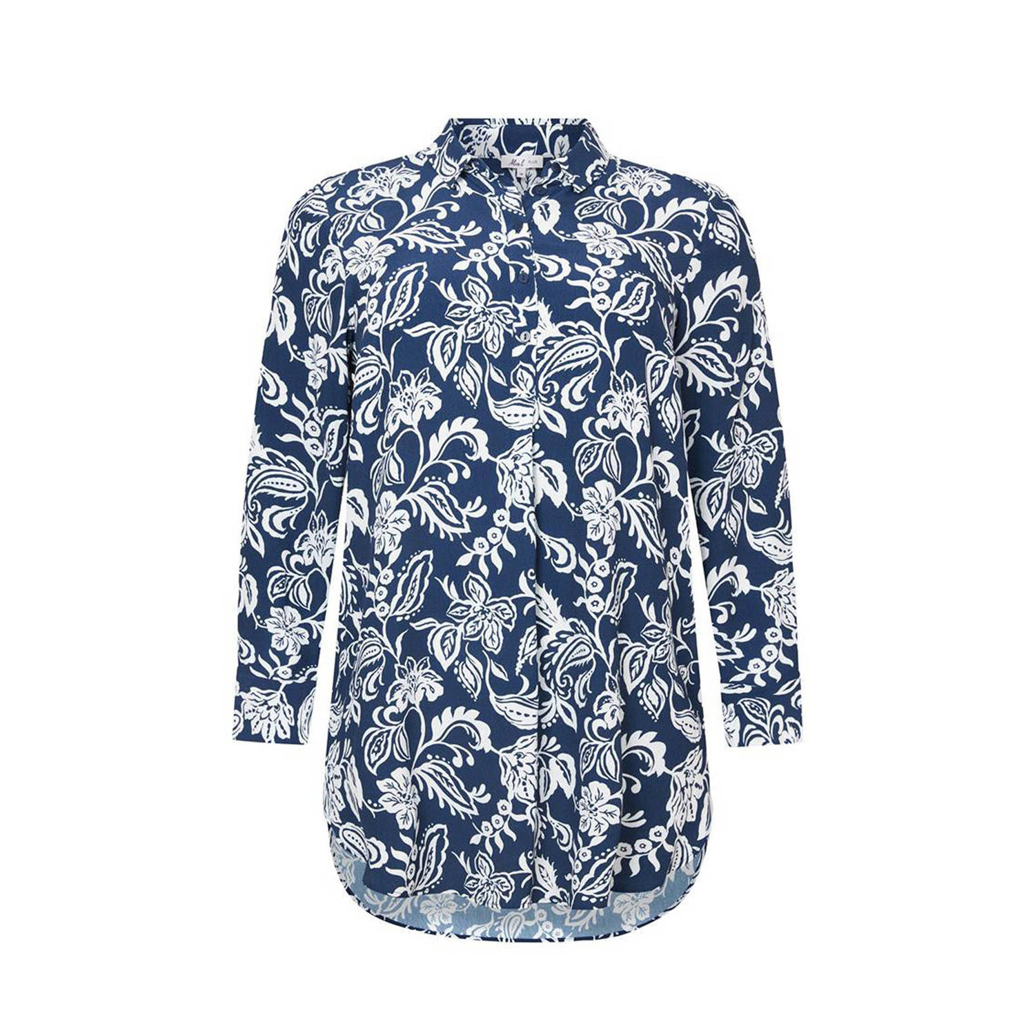 Miss Etam Plus tuniek Cindy met all over print blauw wit