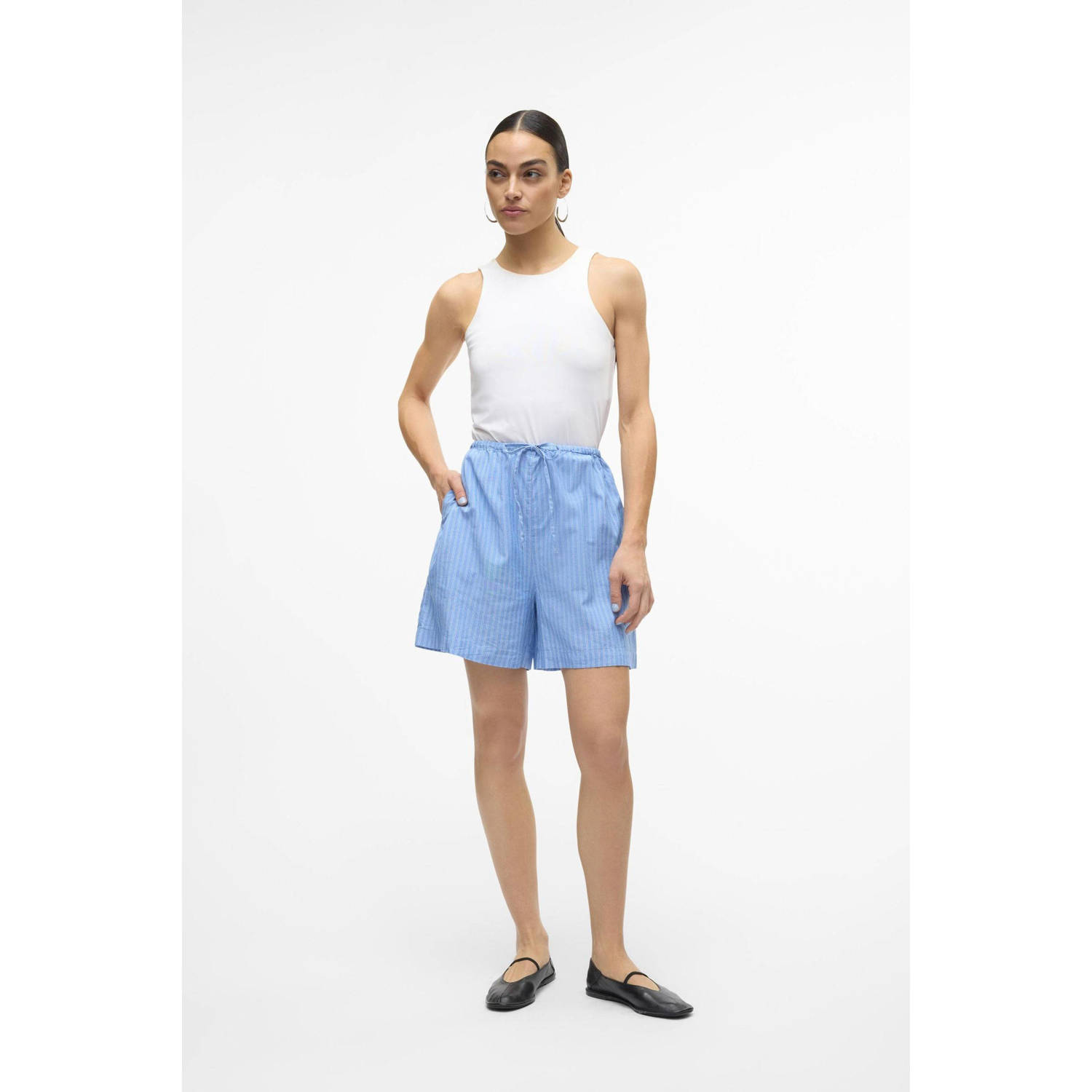 VERO MODA gestreepte high waist loose fit short VMGILI lichtblauw wit