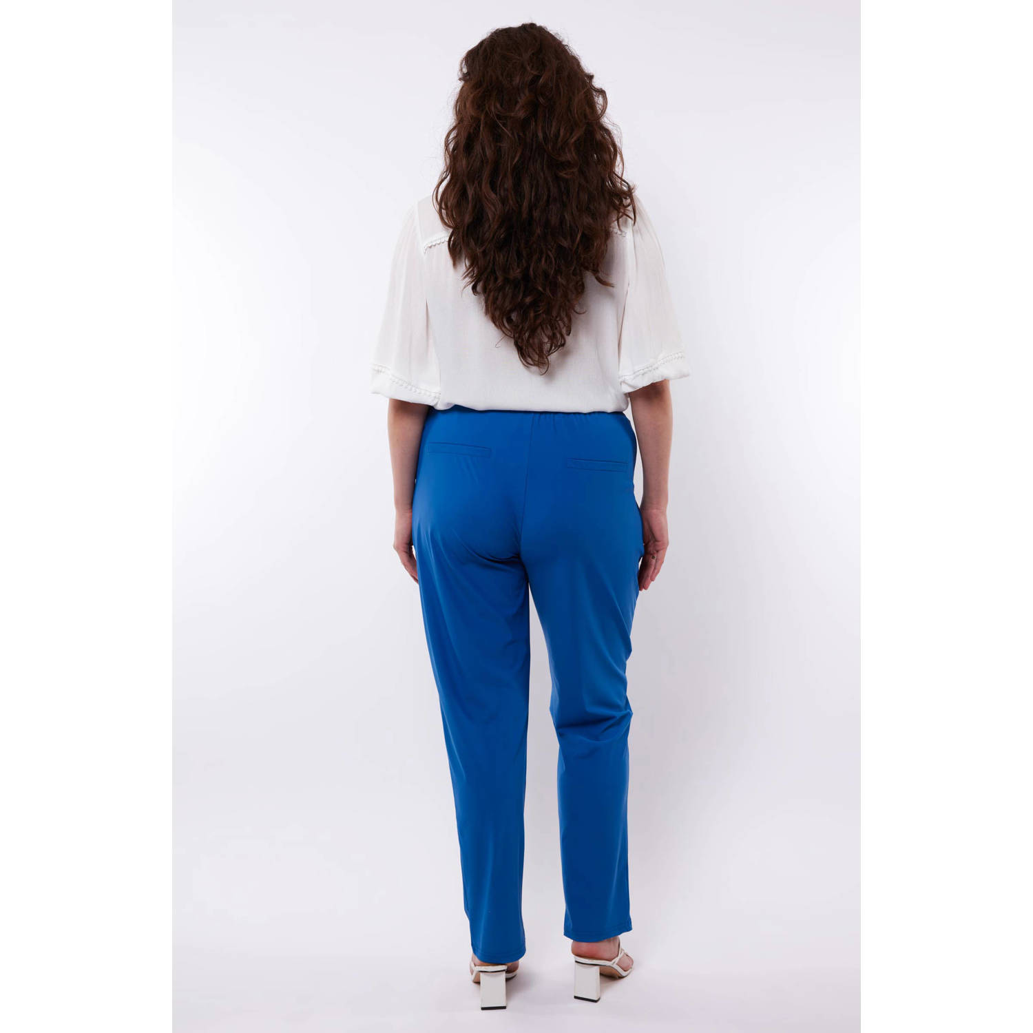 Exxcellent high waist regular fit broek van travelstof korenblauw