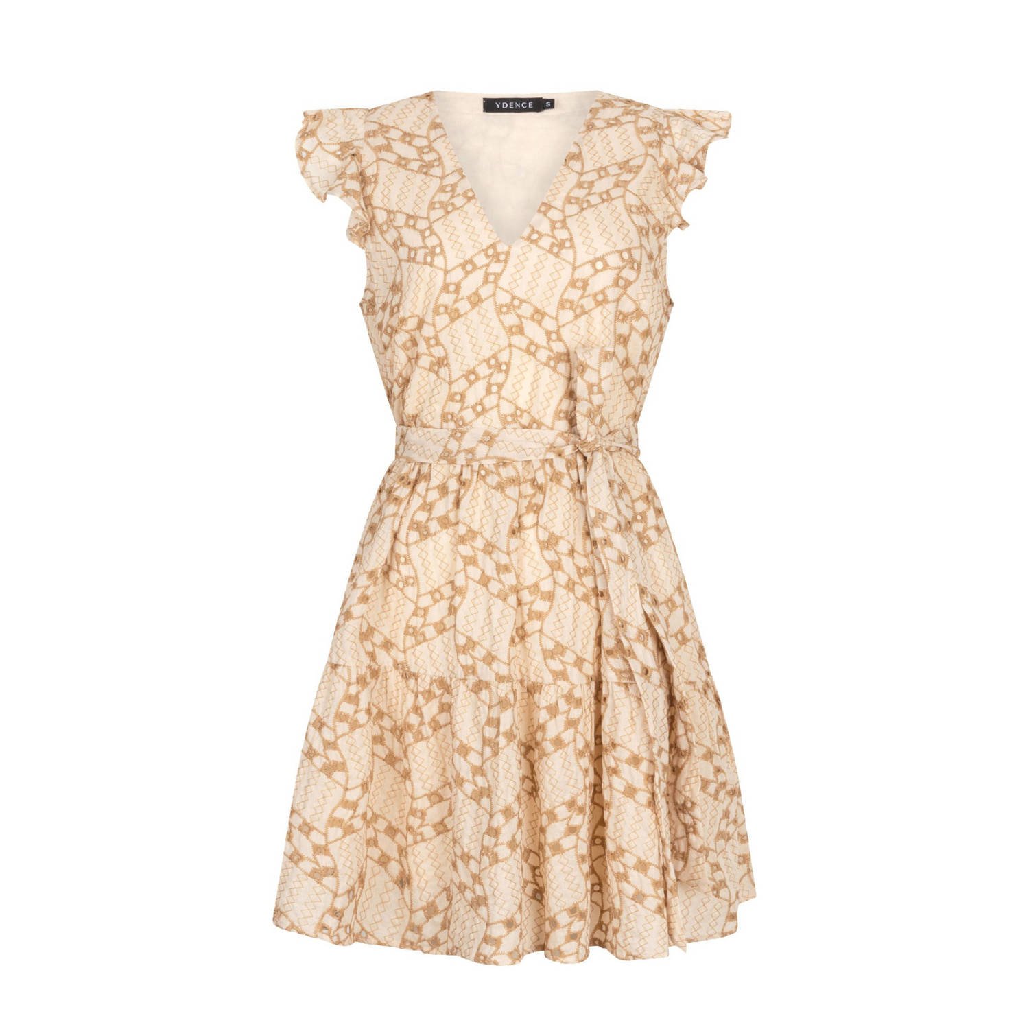 Ydence jurk Adeline met all over print en borduursels ecru beige