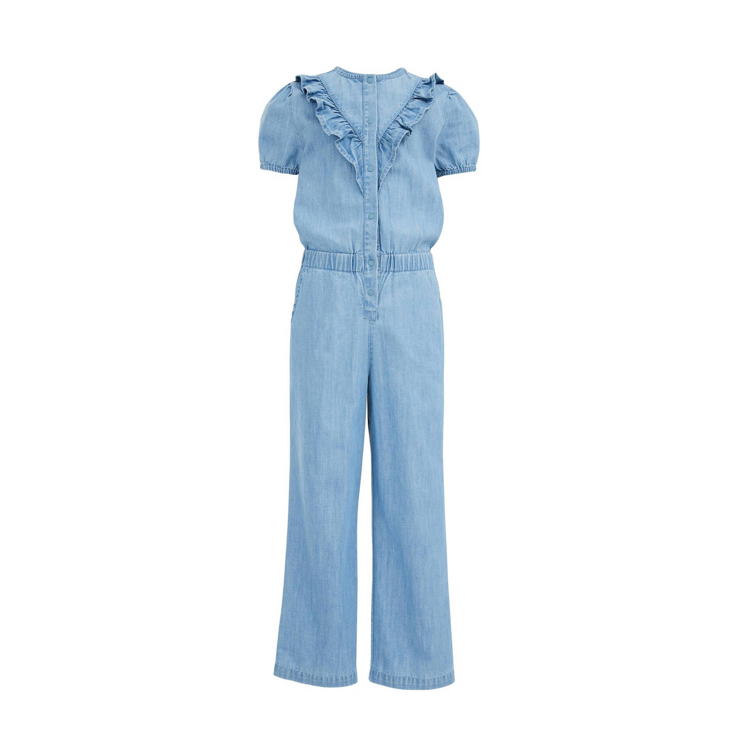 WE Fashion jumpsuit light blue denim Blauw Meisjes Katoen Ronde hals Effen 104