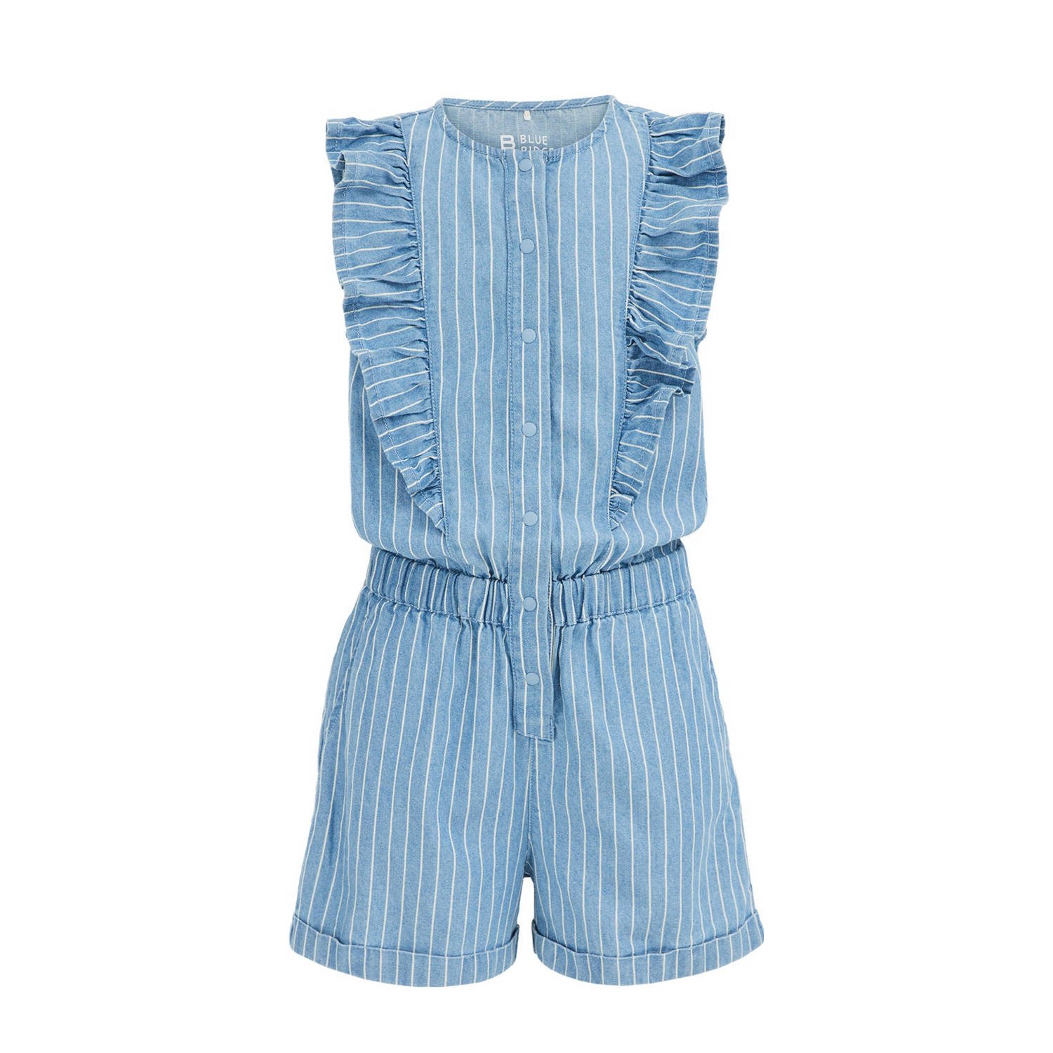 WE Fashion gestreepte playsuit light blue denim Blauw Meisjes Katoen Ronde hals 110 116