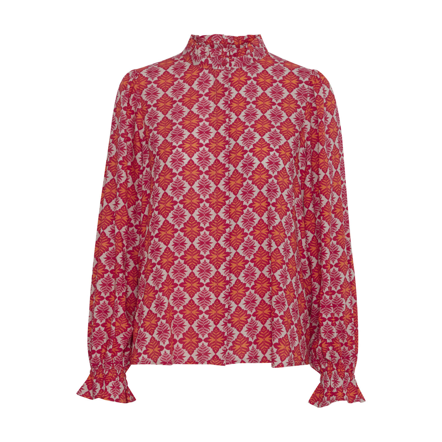 ICHI blouse met all over print en ruches roze