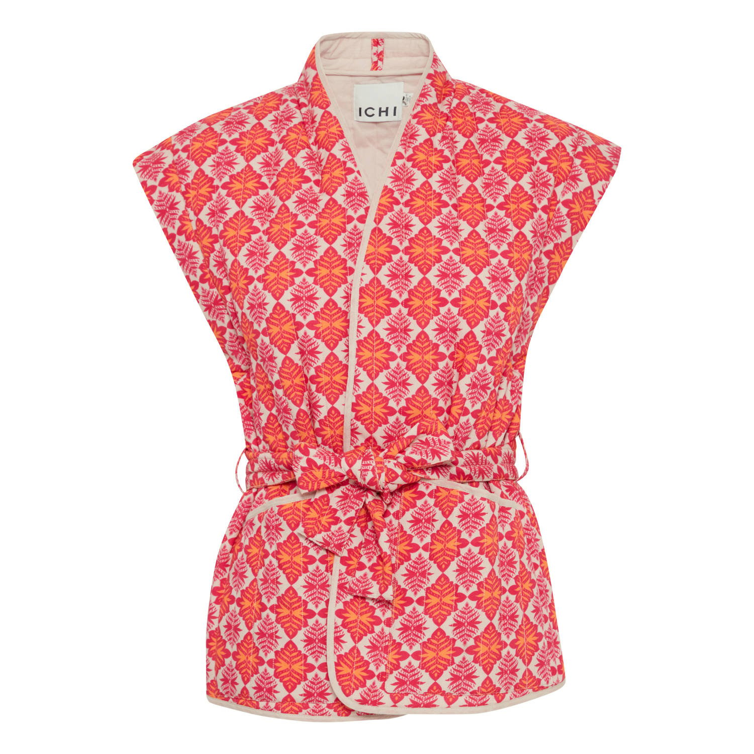 ICHI gilet met all over print en ceintuur roze oranje