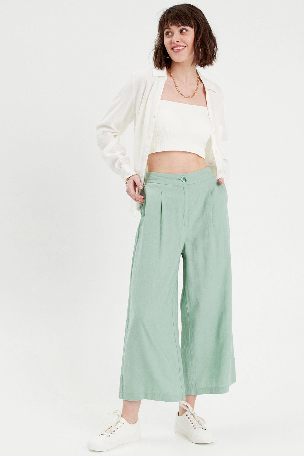 Ecru dames Cache Cache linnen blouse met effen, lange mouwen, V-hals en knoopsluiting